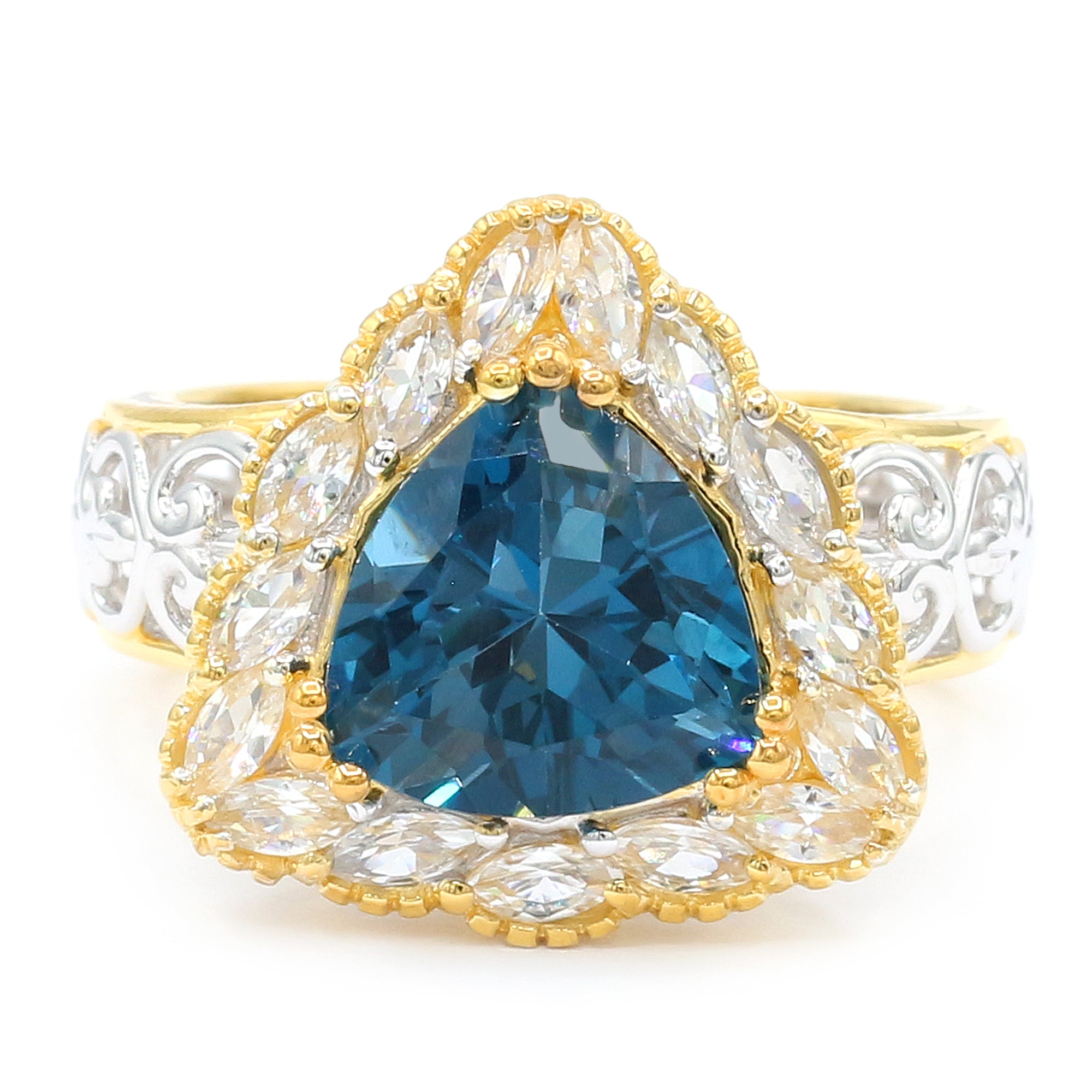 Gems en Vogue 7.60ctw Tillion London Blue Topaz & White Zircon Halo Ring