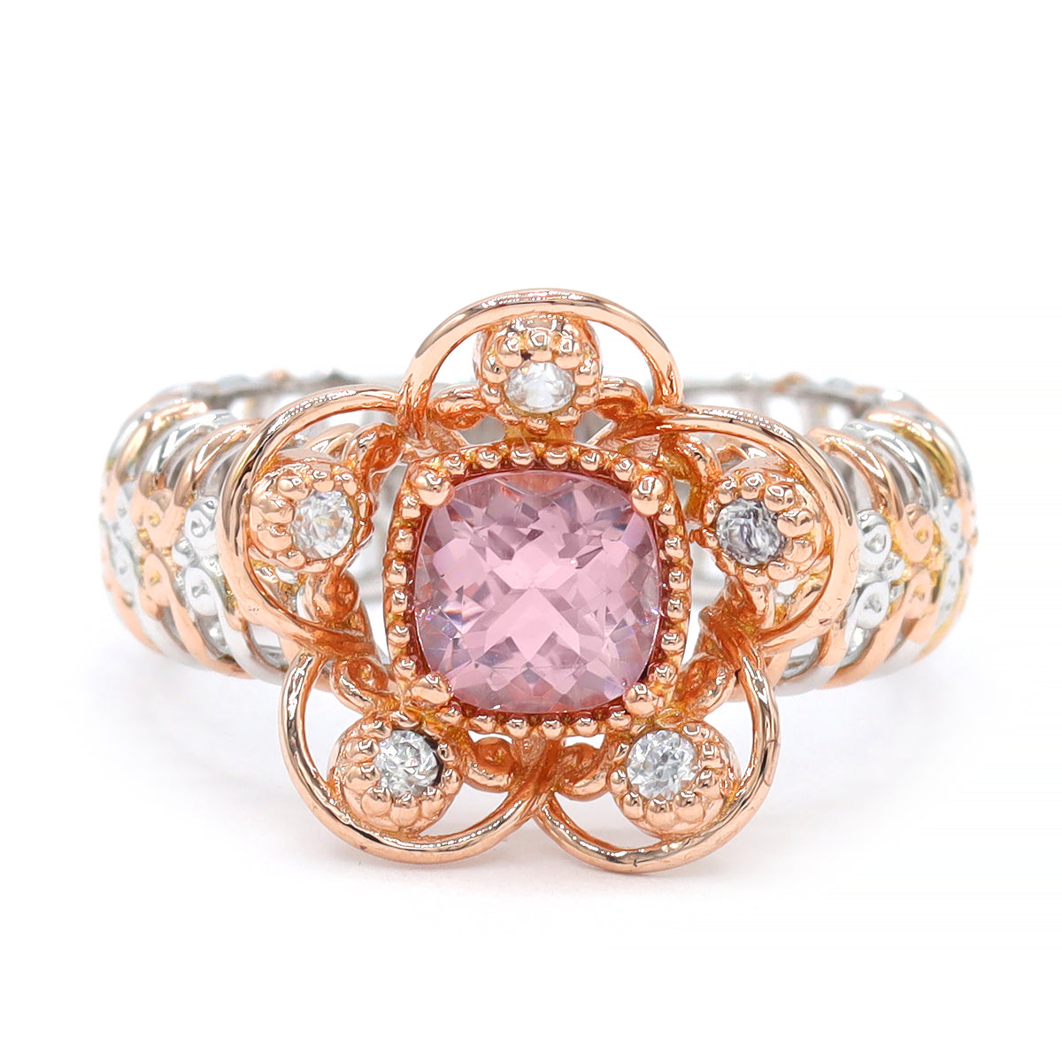 Gems en Vogue 18K Palladium Silver 1.01ctw Morganite & White Zircon Flower Ring