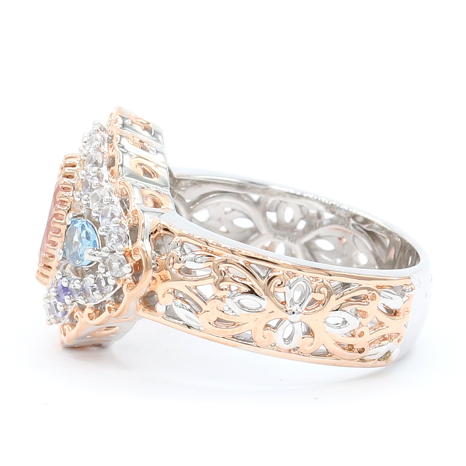 Gems en Vogue 18K Palladium Silver 1.60ctw Morganite, Tanzanian Aquamarine & White Zircon Ring
