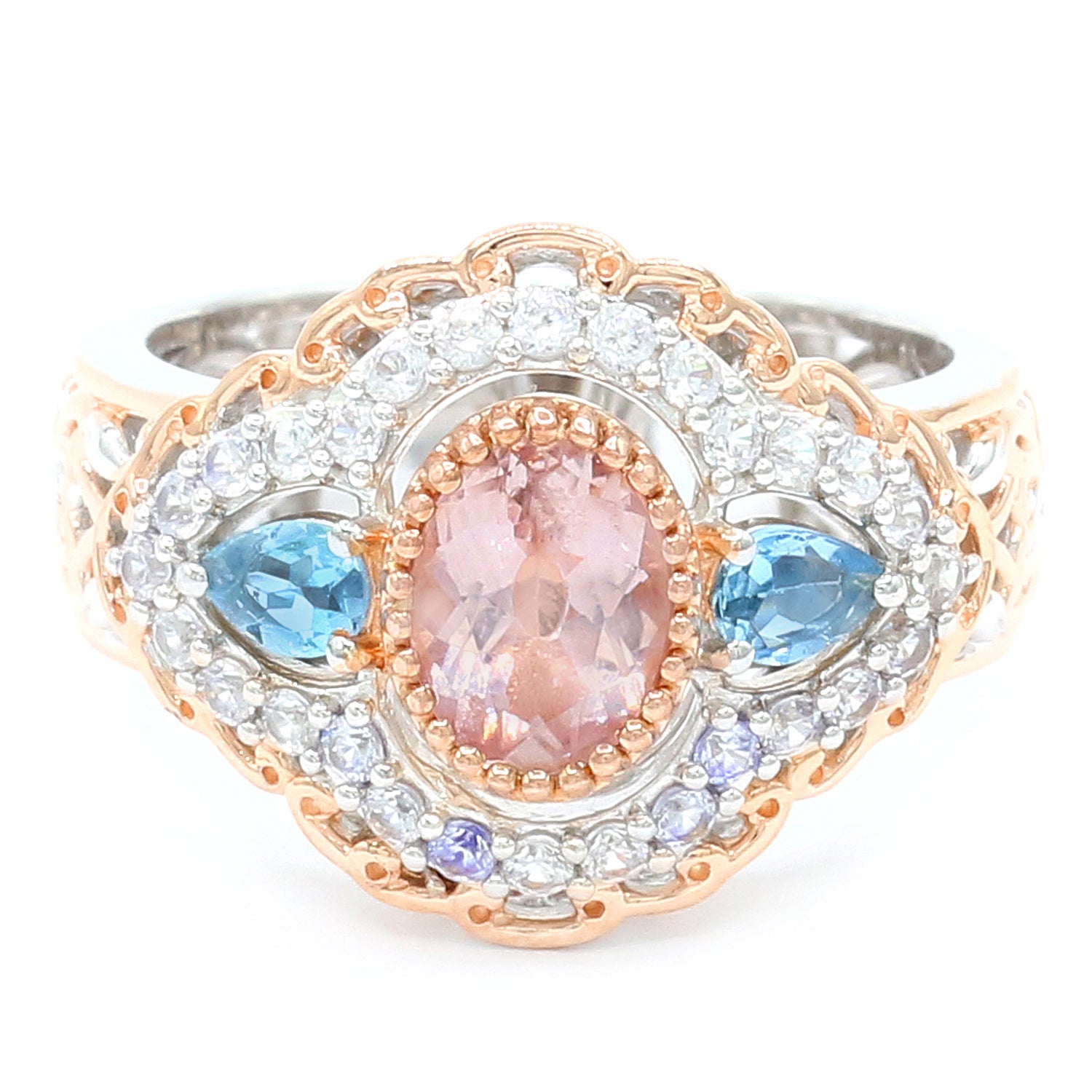 Gems en Vogue 18K Palladium Silver 1.60ctw Morganite, Tanzanian Aquamarine & White Zircon Ring