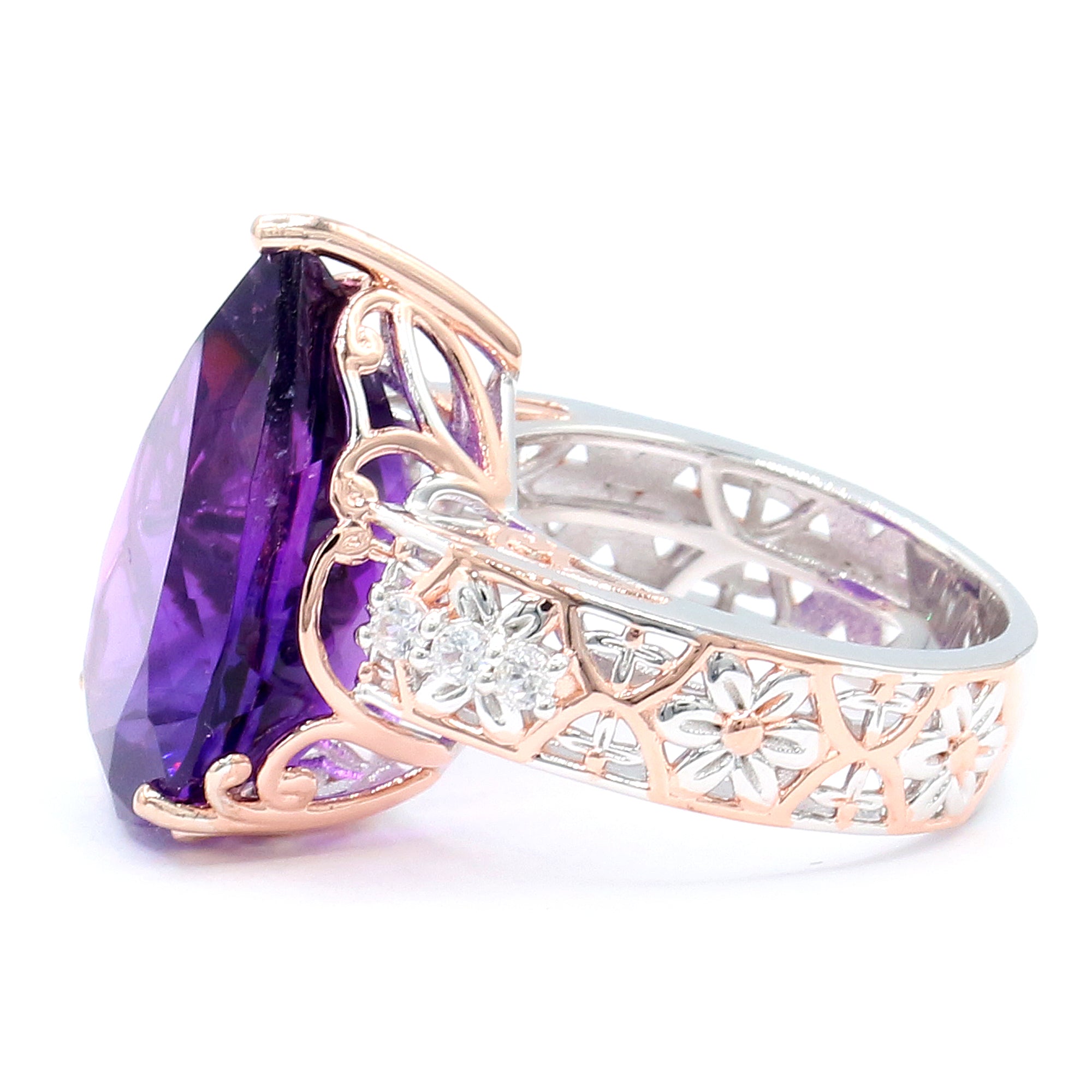 Gems en Vogue 18K Palladium Silver 13.92ctw Tanzanian Amethyst & White Zircon Ring