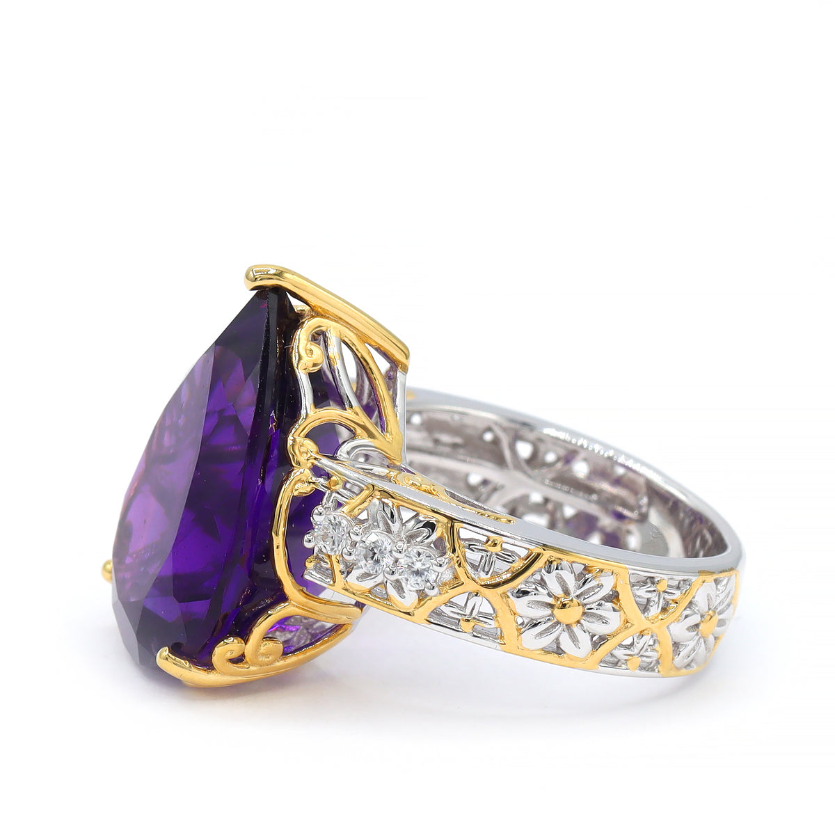 Bague Gems en Vogue modèle unique en argent rhodié 18K avec améthyste de Tanzanie 7,37 carats, saphir rose et zircon blanc
