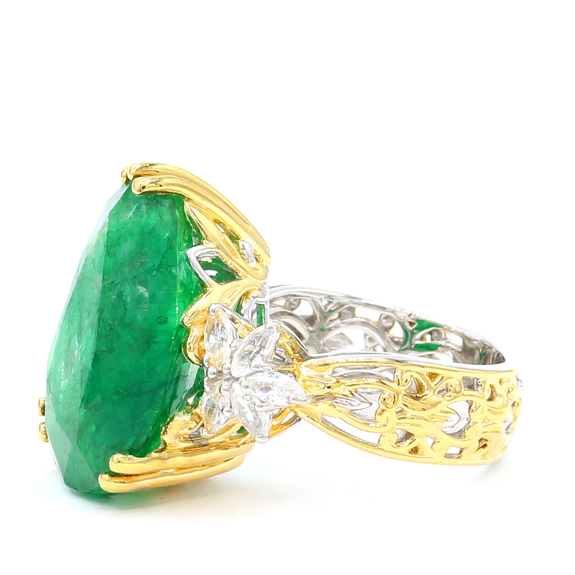 Gems en Vogue 24K Palladium Silver 13.12ctw Zambian Emerald & White Zircon Ring