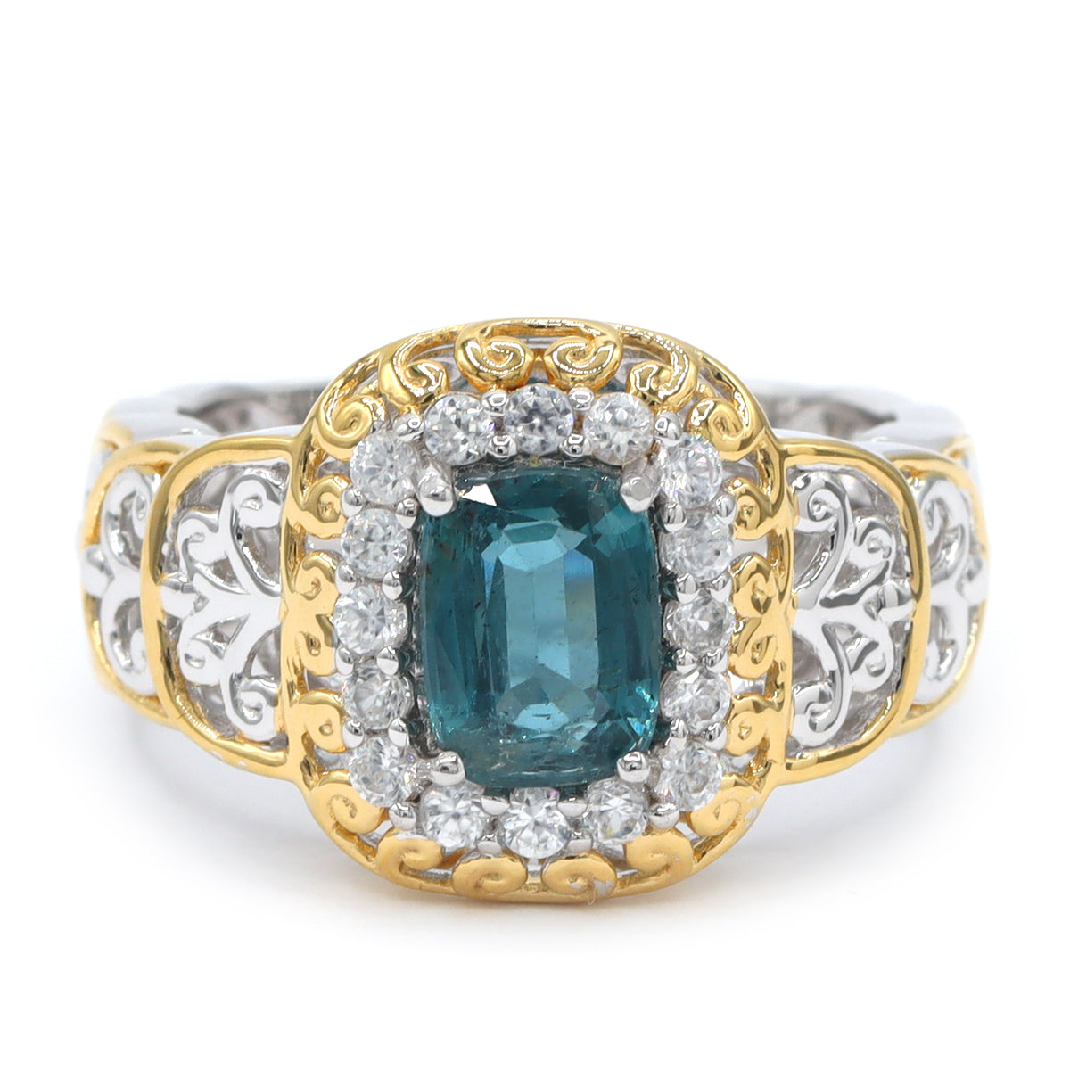 Gems en Vogue 24K Palladium Silver 2.33ctw Teal Kyanite & White Zircon Halo Ring