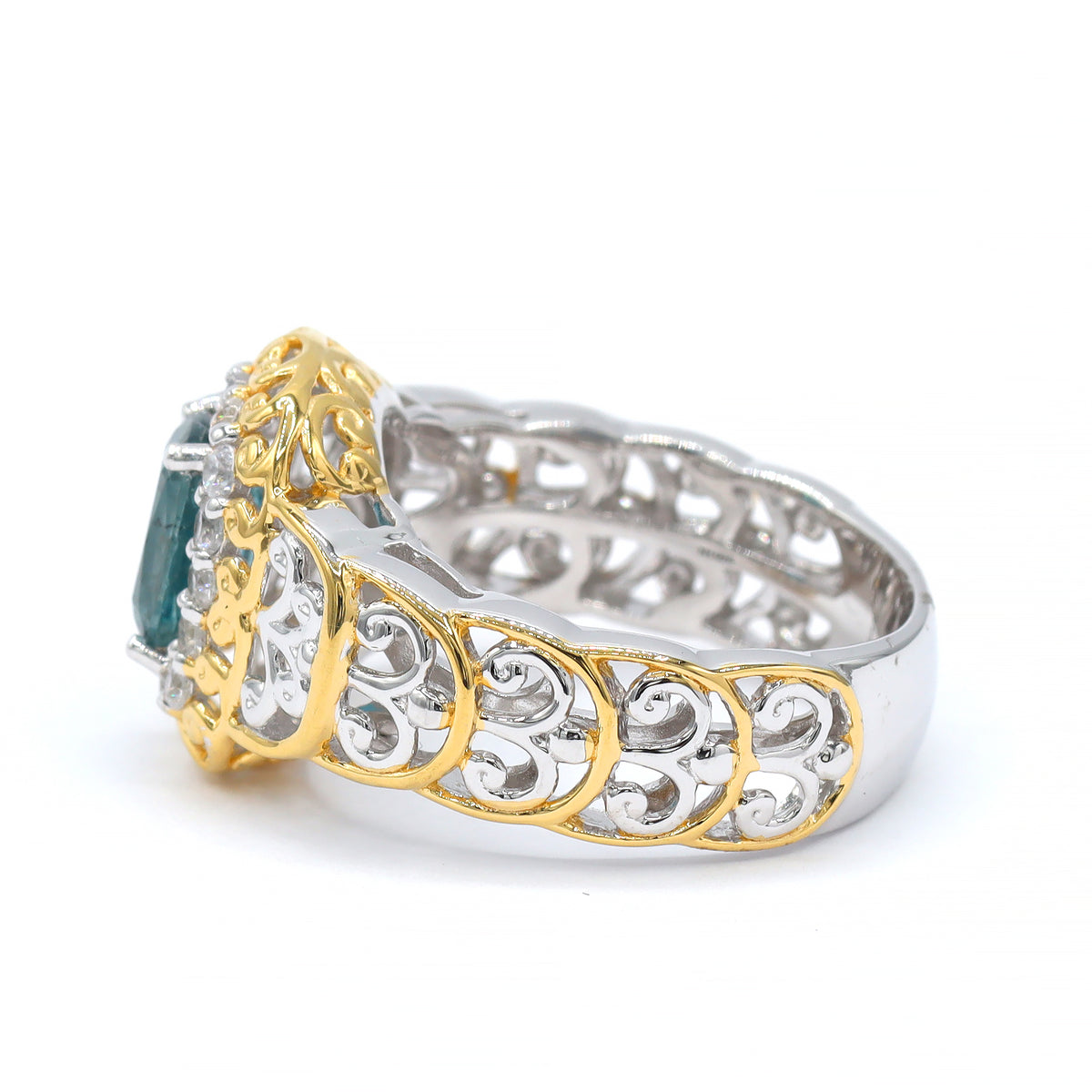 Gems en Vogue 24K Palladium Silver 2.33ctw Teal Kyanite & White Zircon Halo Ring