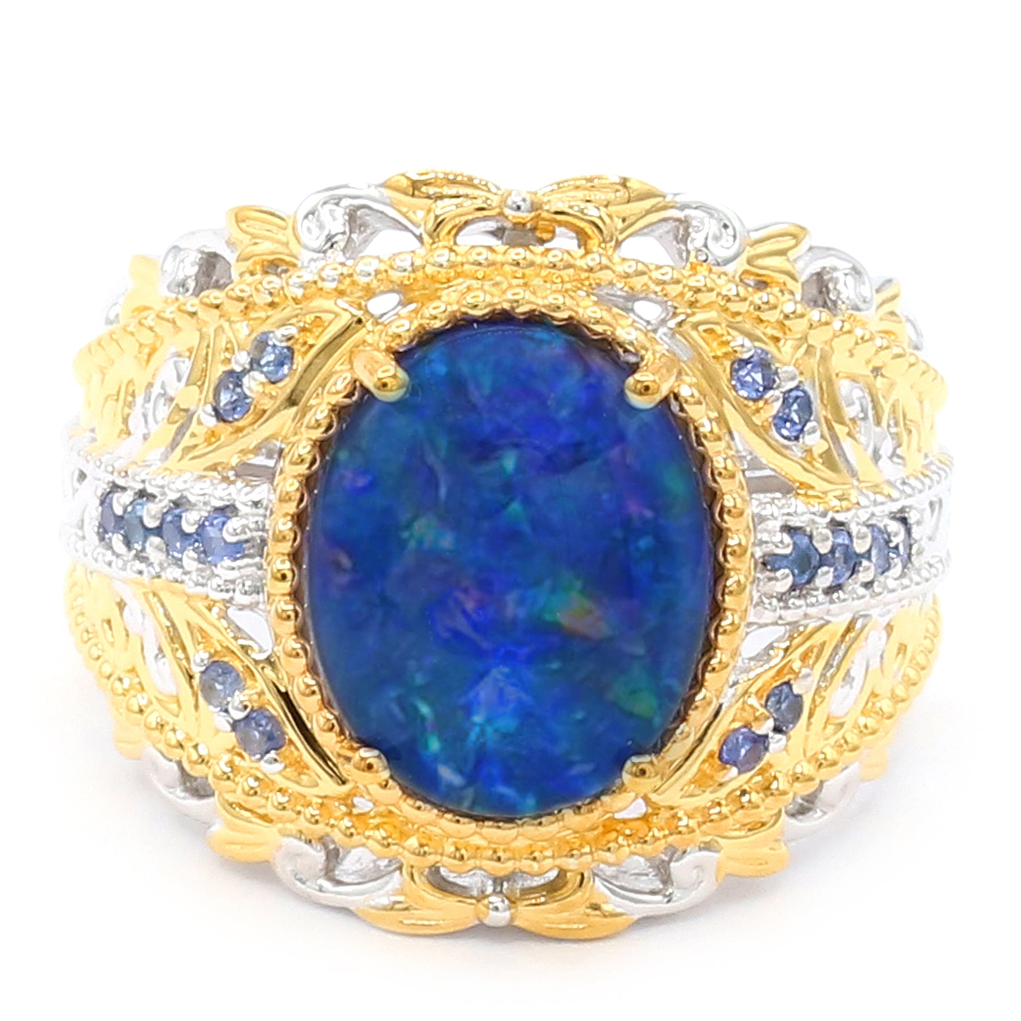 Gems en Vogue 24K Palladium Silver Peacock Australian Opal Triplet & Blue Sapphire Ring