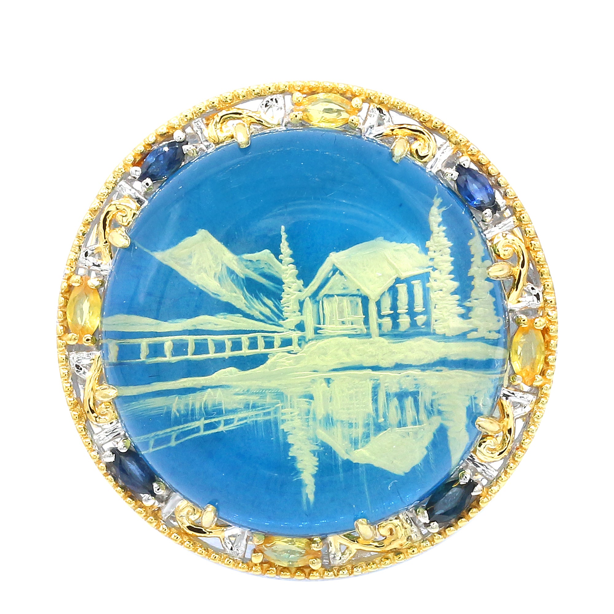 Gems en Vogue 24K Palladium Silver Carved Blue Amber & Sapphire Winter at Emerald Lake Ring
