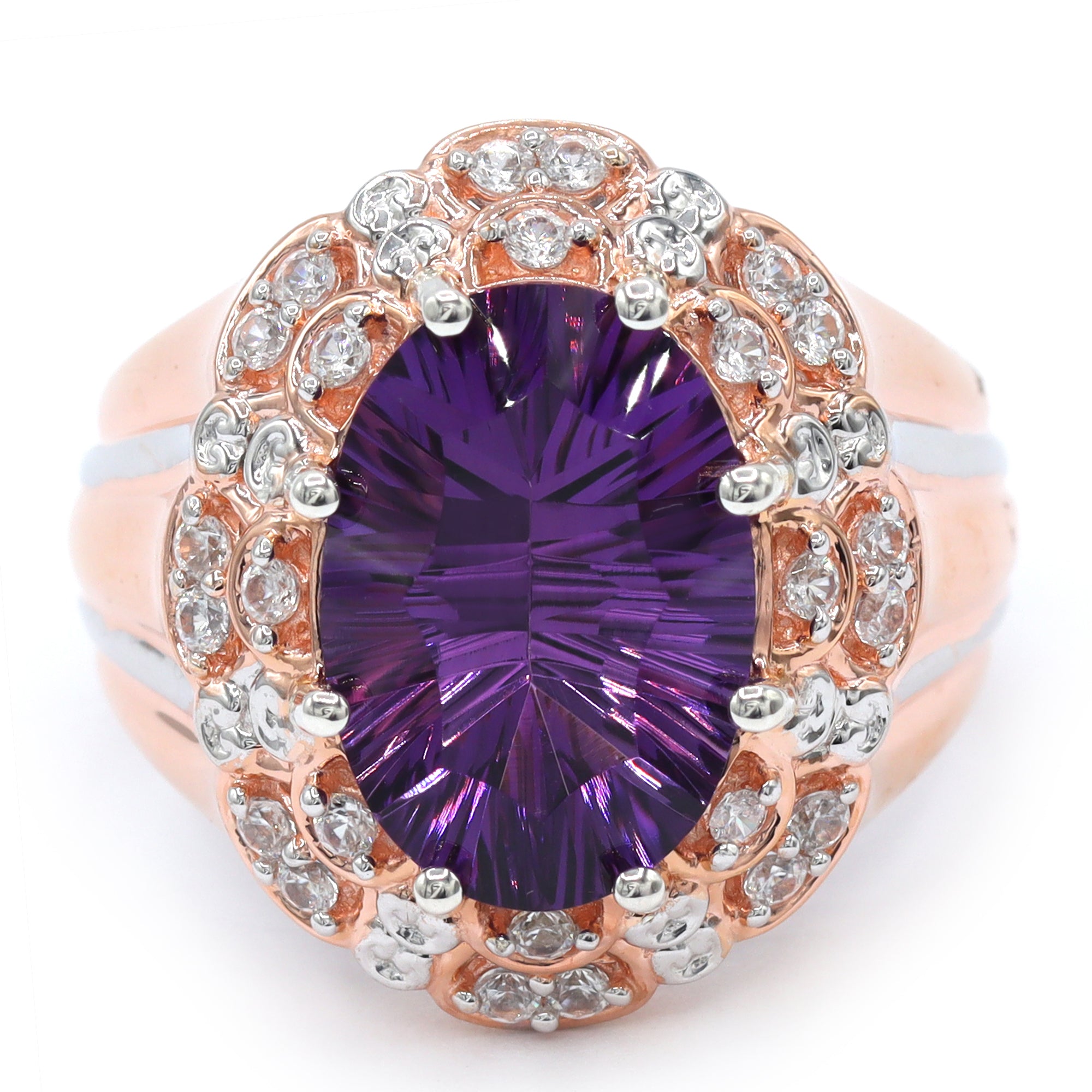 Gems en Vogue One-of-a-Kind 18K Palladium Silver 6.47ctw Millennium Cut African Amethyst & White Zircon Ring