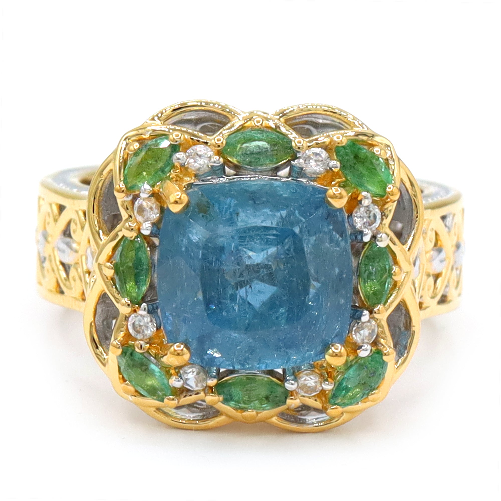 Couture Gems One-of-a-Kind 24K Palladium Silver 6.81ctw Tanzanian Aquamarine, Grizzly Emerald & White Zircon Ring