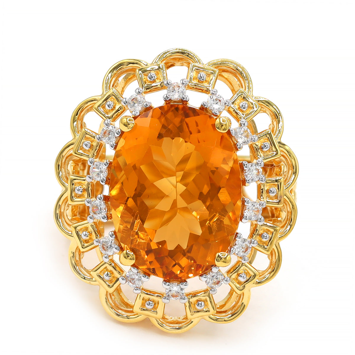 Bague Gems en Vogue en Citrine de Bolivie "Fire" 18,38 carats et Zircons Blancs