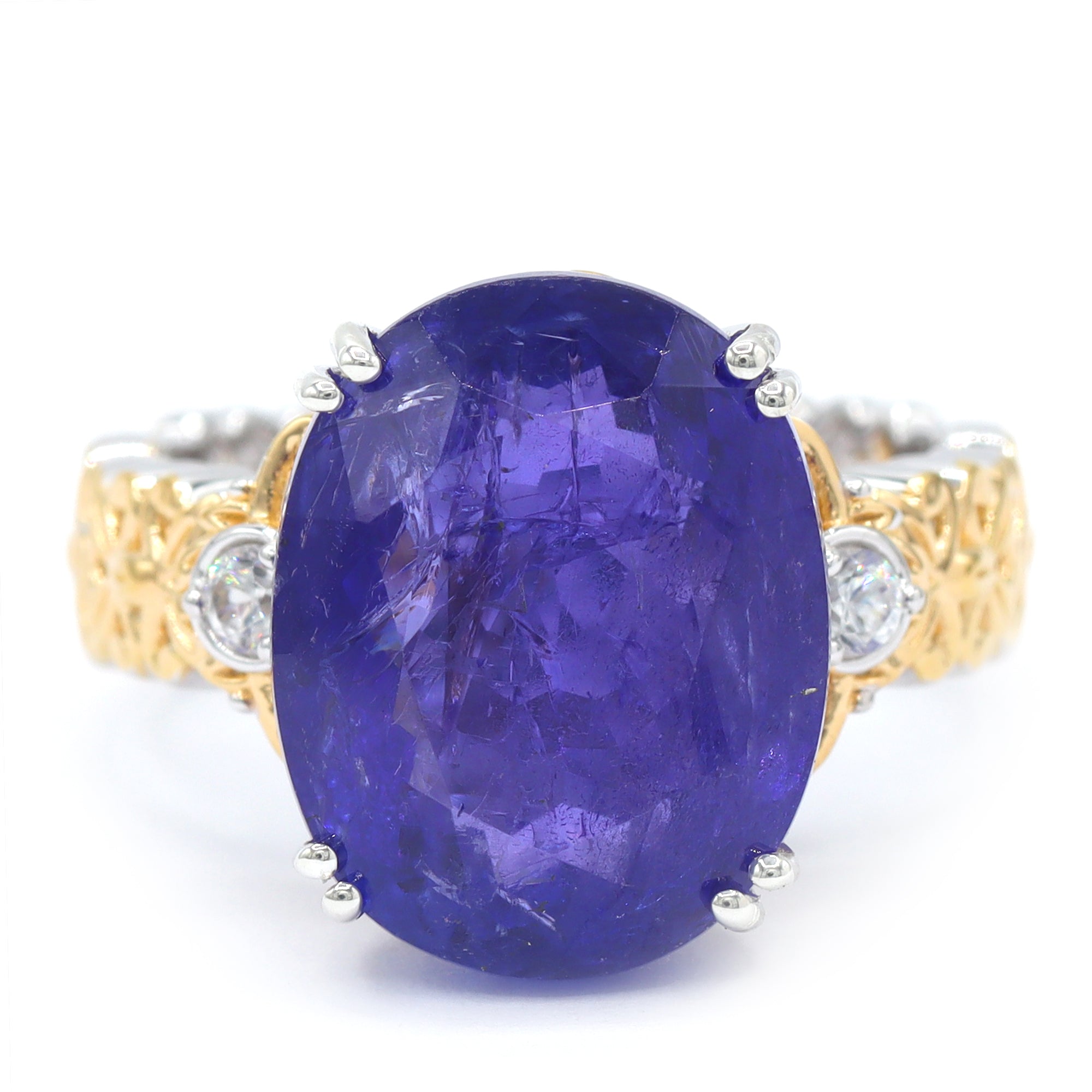 Bague Couture Gems unique en argent palladié 24 carats, tanzanite et zircon blanc de 10,77 carats