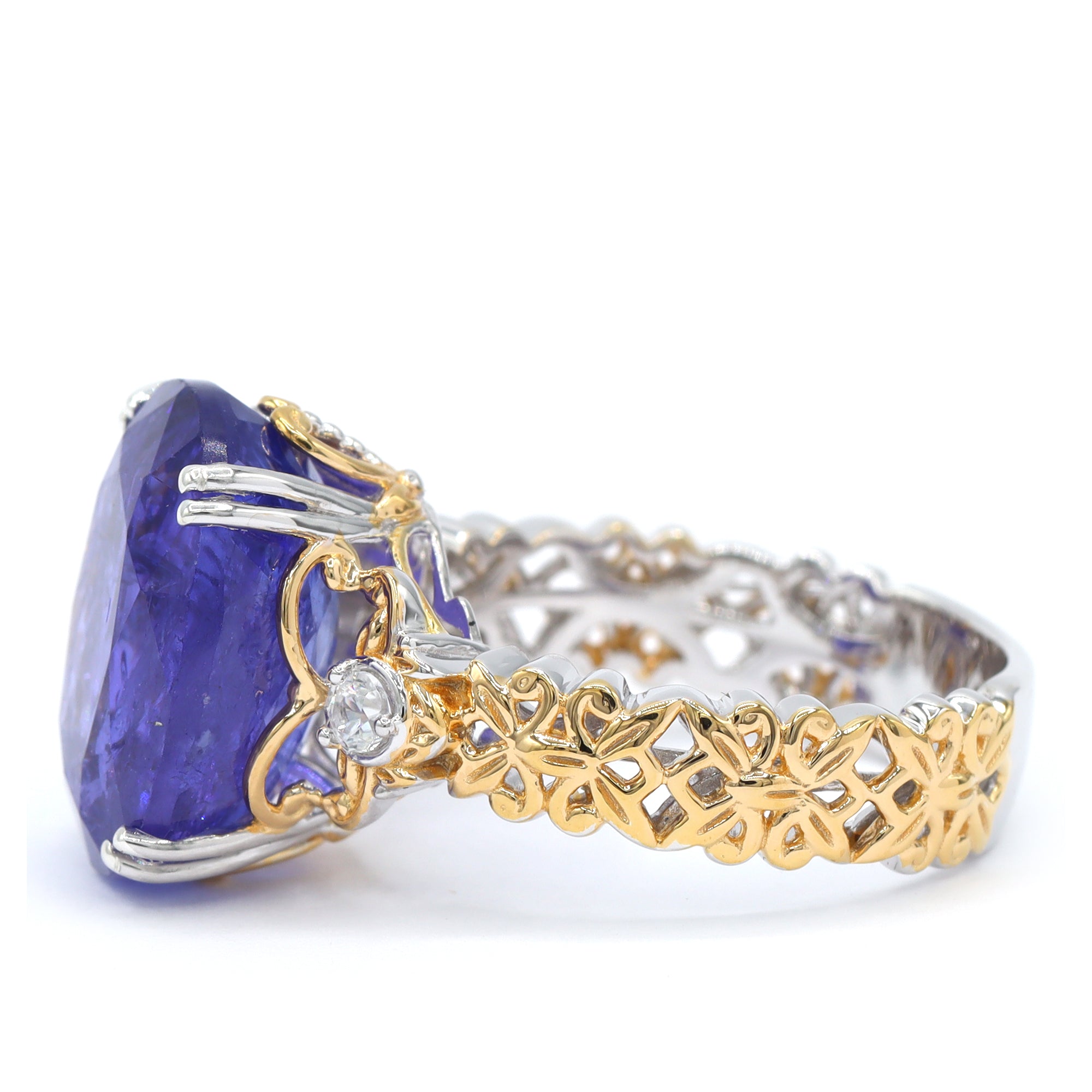 Bague Couture Gems unique en argent palladié 24 carats, tanzanite et zircon blanc de 10,77 carats