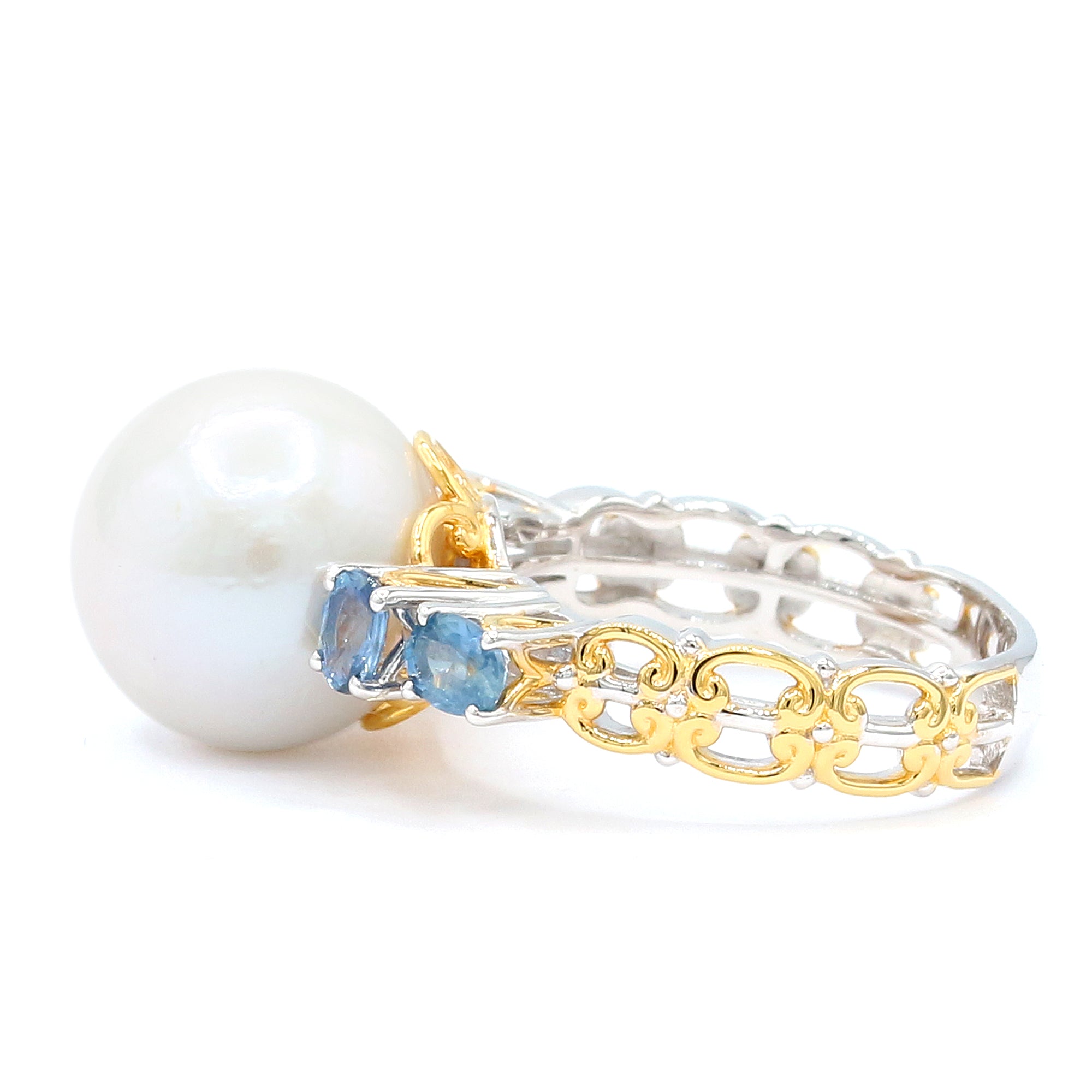 Gems en Vogue 24K Palladium Silver White Edison Pearl & Blue Sapphire Ring
