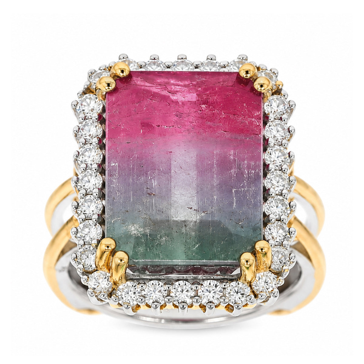 Couture Gems One-of-a-Kind 24K Palladium Silver 14.76ctw Bi-Color Tourmaline & White Zircon Halo Ring