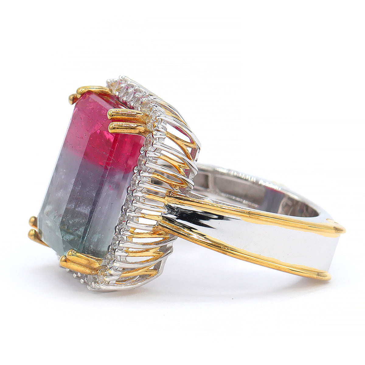 Couture Gems One-of-a-Kind 24K Palladium Silver 14.76ctw Bi-Color Tourmaline & White Zircon Halo Ring