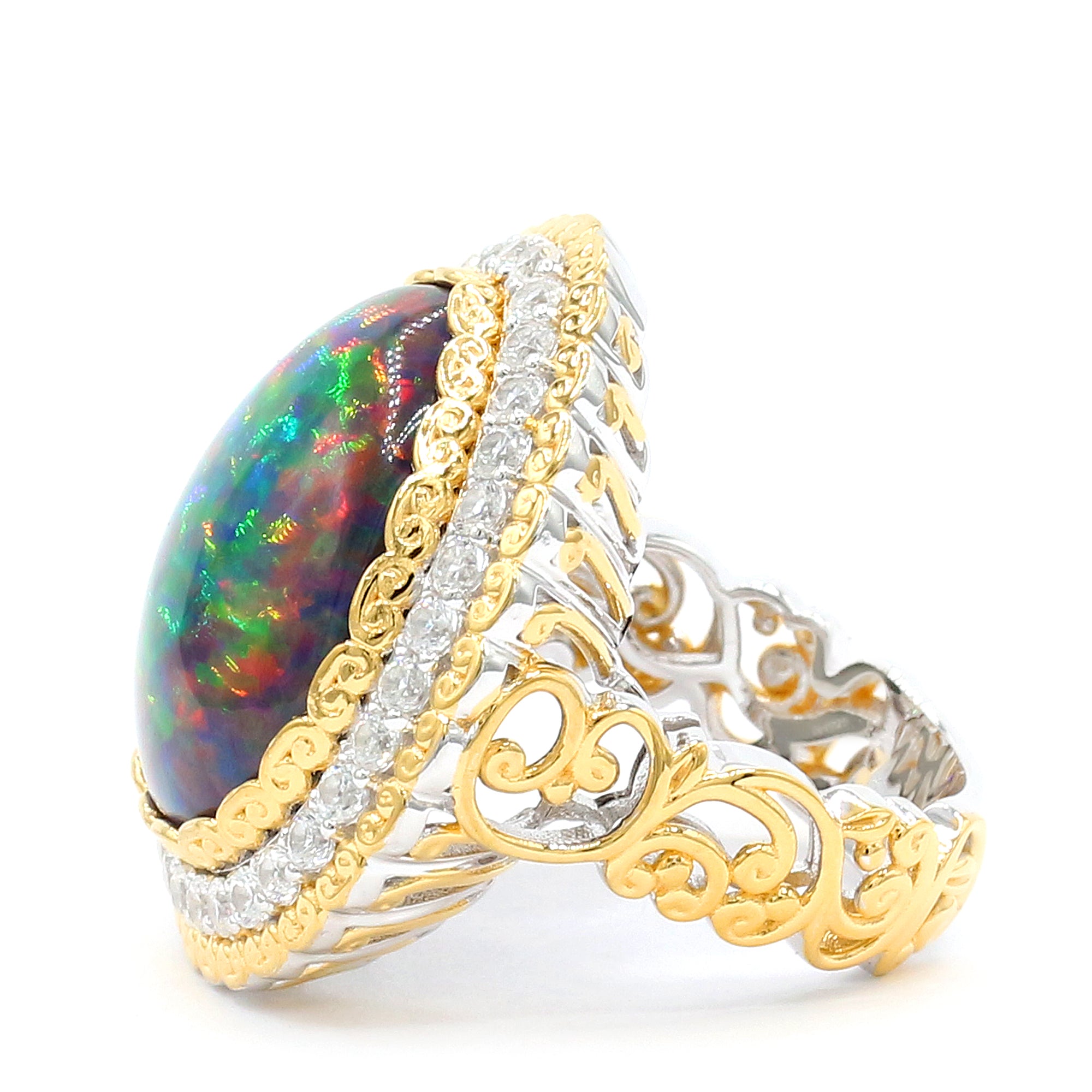Couture Gems One-of-a-Kind 24K Palladium Silver 11.54ctw Black Ethiopian Opal & White Zircon Halo Ring