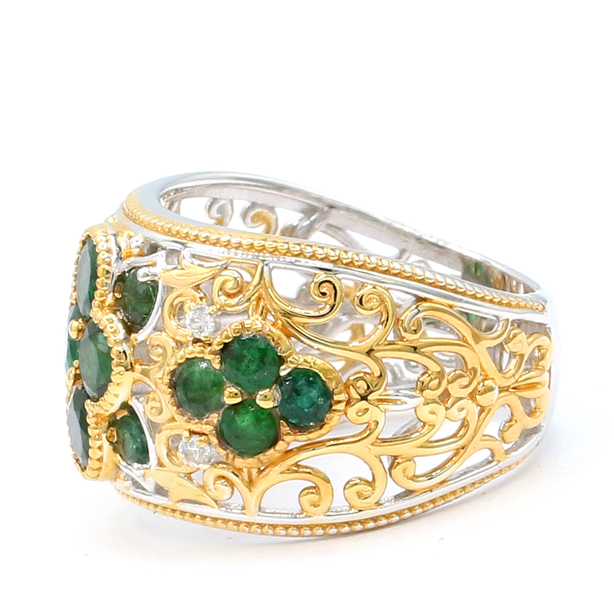 Gems en Vogue 24K Palladium Silver 1.97ctw Grizzly Emerald & White Zircon Band Ring