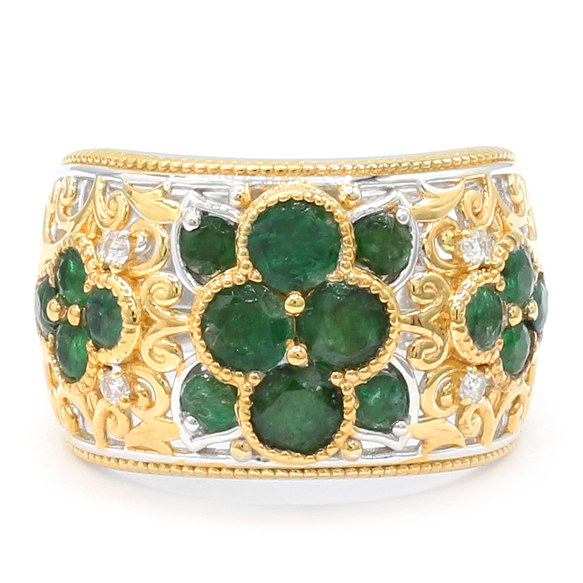 Gems en Vogue 24K Palladium Silver 1.97ctw Grizzly Emerald & White Zircon Band Ring