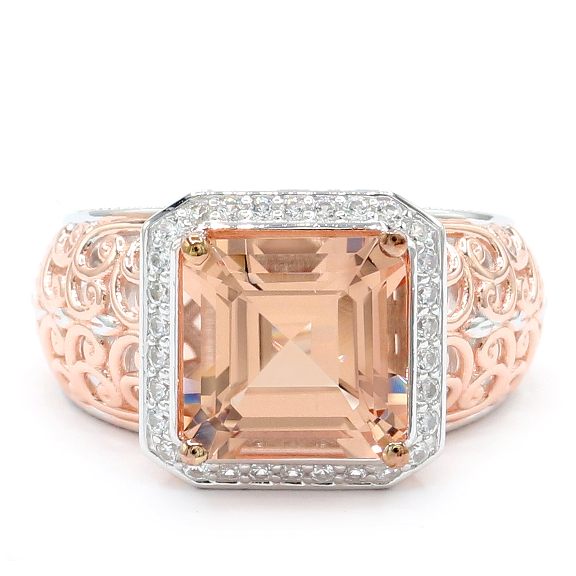 Couture Gems One-of-a-Kind 18K Palladium Silver 4.70ctw Peach Morganite & White Zircon Halo Ring