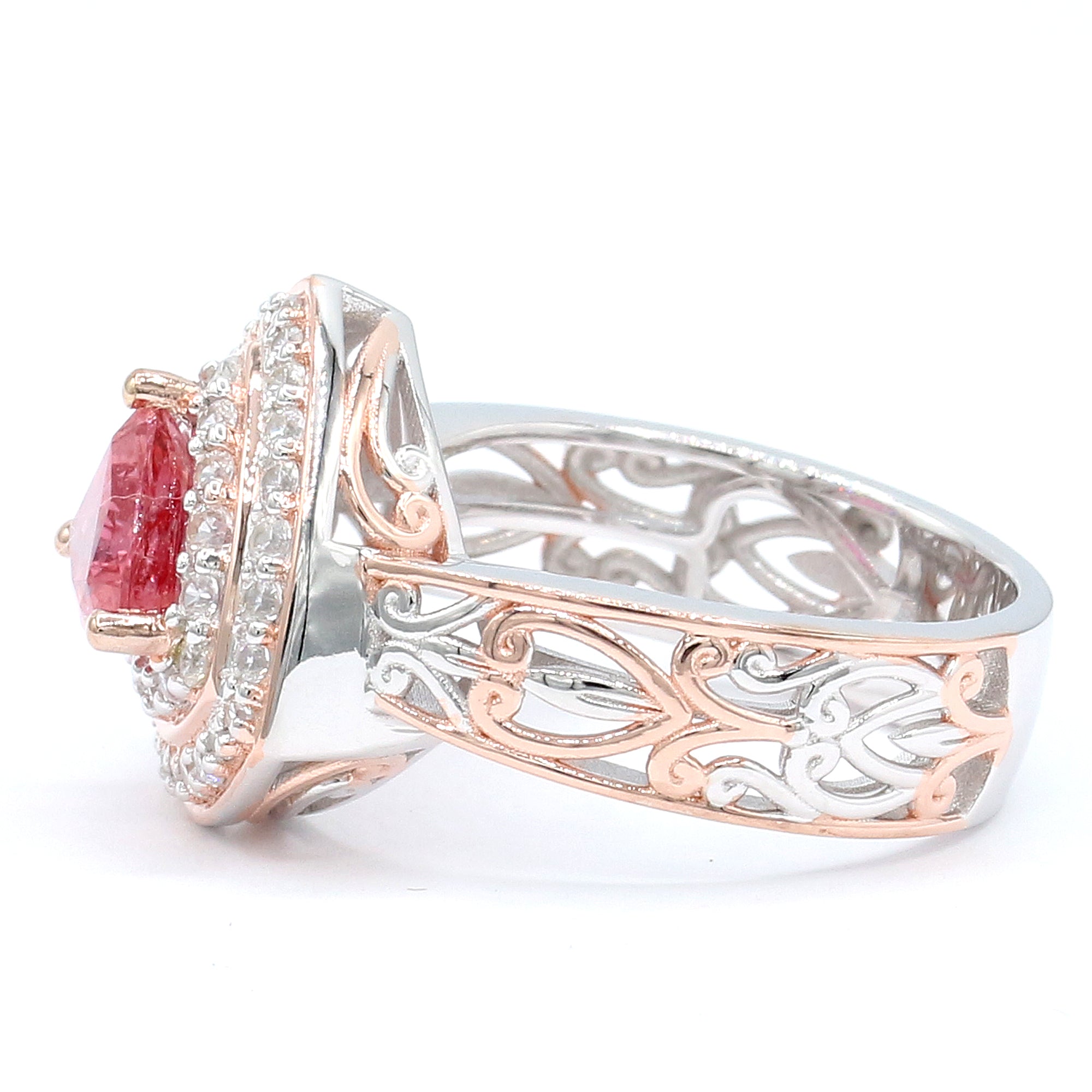 Couture Gems One-of-a-Kind 18K Palladium Silver 2.69ctw Padparadscha Sapphire & White Zircon Double Halo Ring