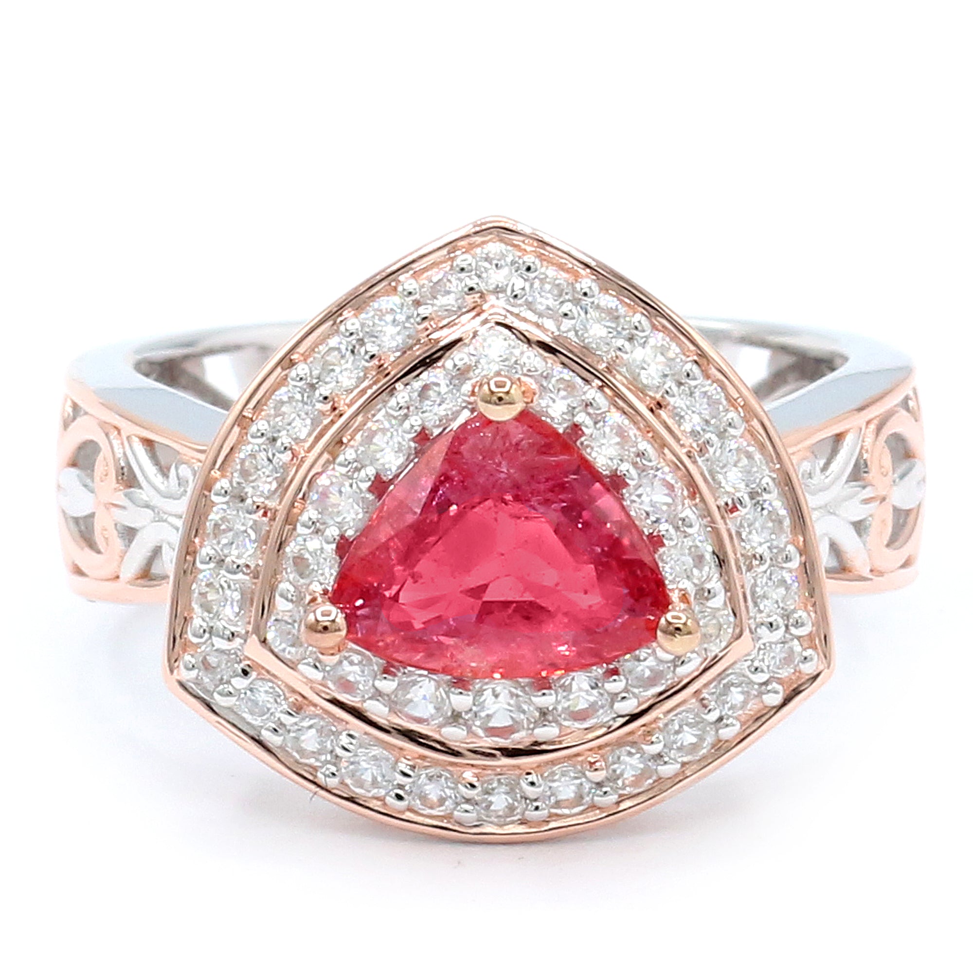 Couture Gems One-of-a-Kind 18K Palladium Silver 2.69ctw Padparadscha Sapphire & White Zircon Double Halo Ring