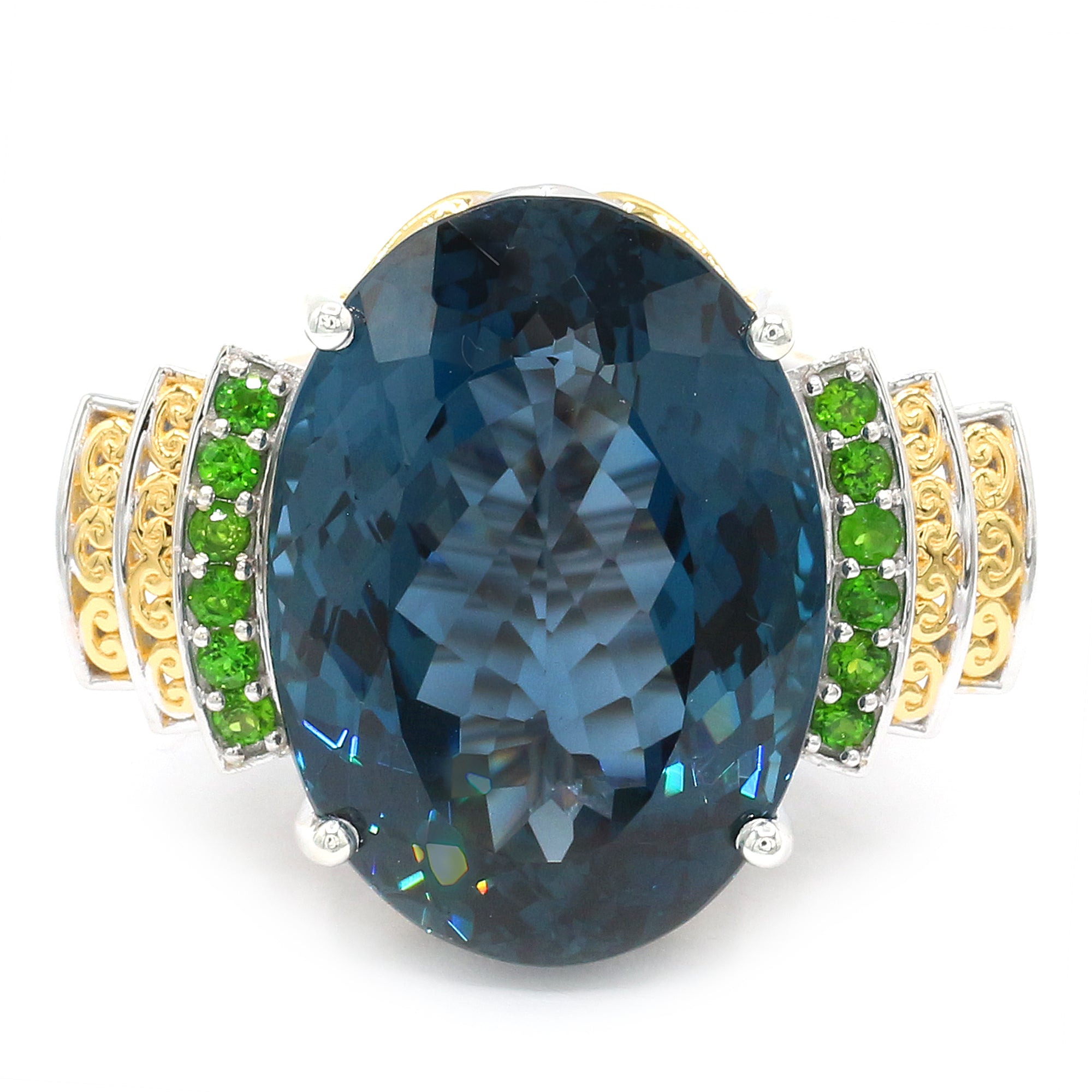 Couture Gems One-of-a-Kind 24K Palladium Silver 47.42ctw London Blue Topaz & Chrome Diopside Honker Ring