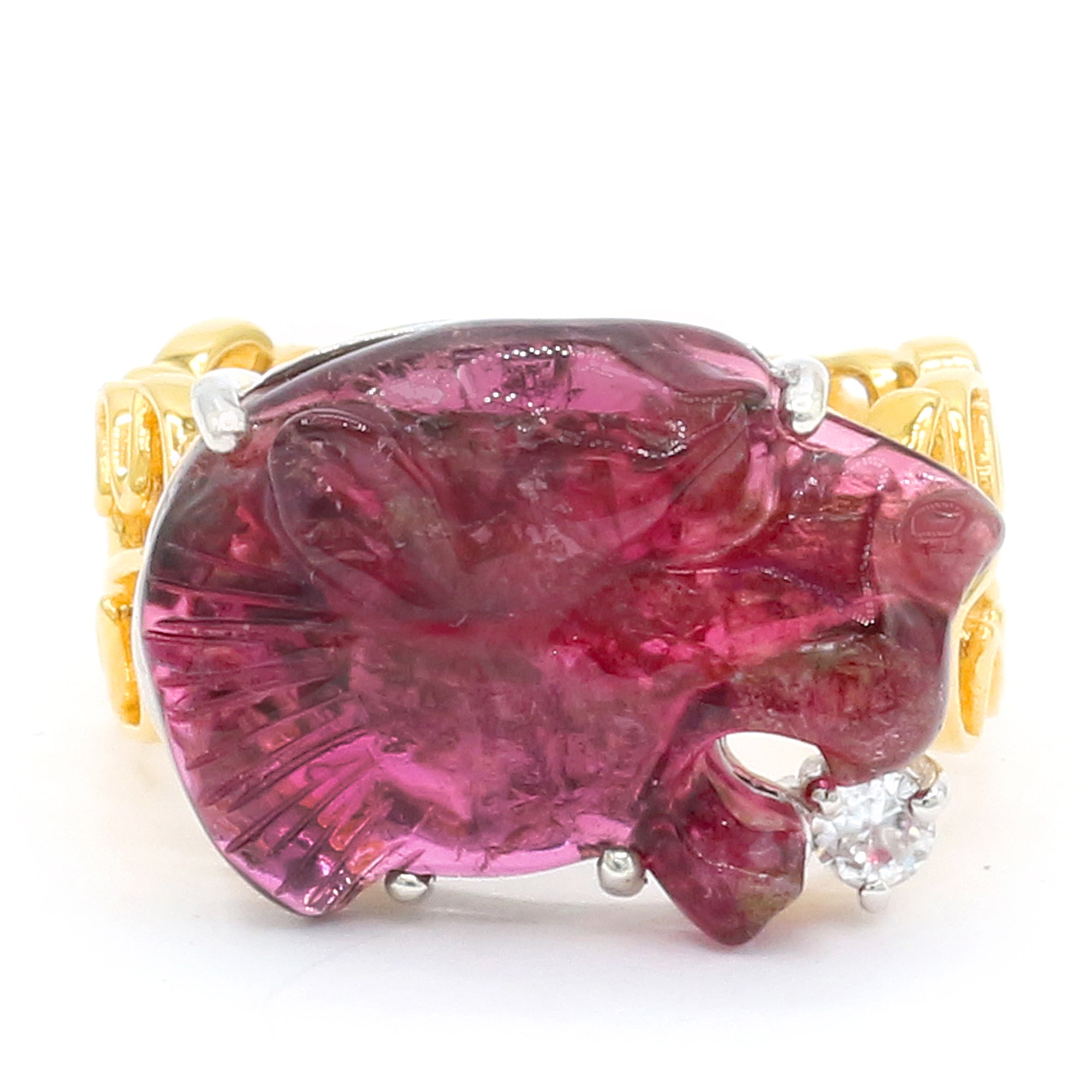 Couture Gems One-of-a-Kind 24K Palladium Silver Carved Panther Pink Tourmaline & White Zircon Ring