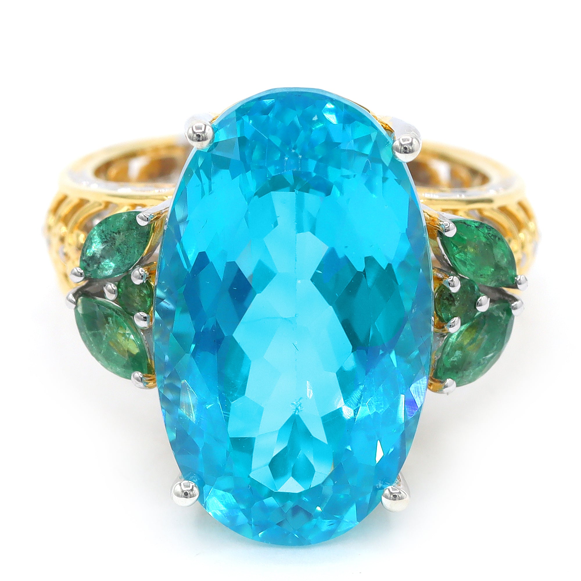 Gems en Vogue 24K Palladium Silver 16.86ctw Paraiba Topaz & Grizzly Emerald Ring