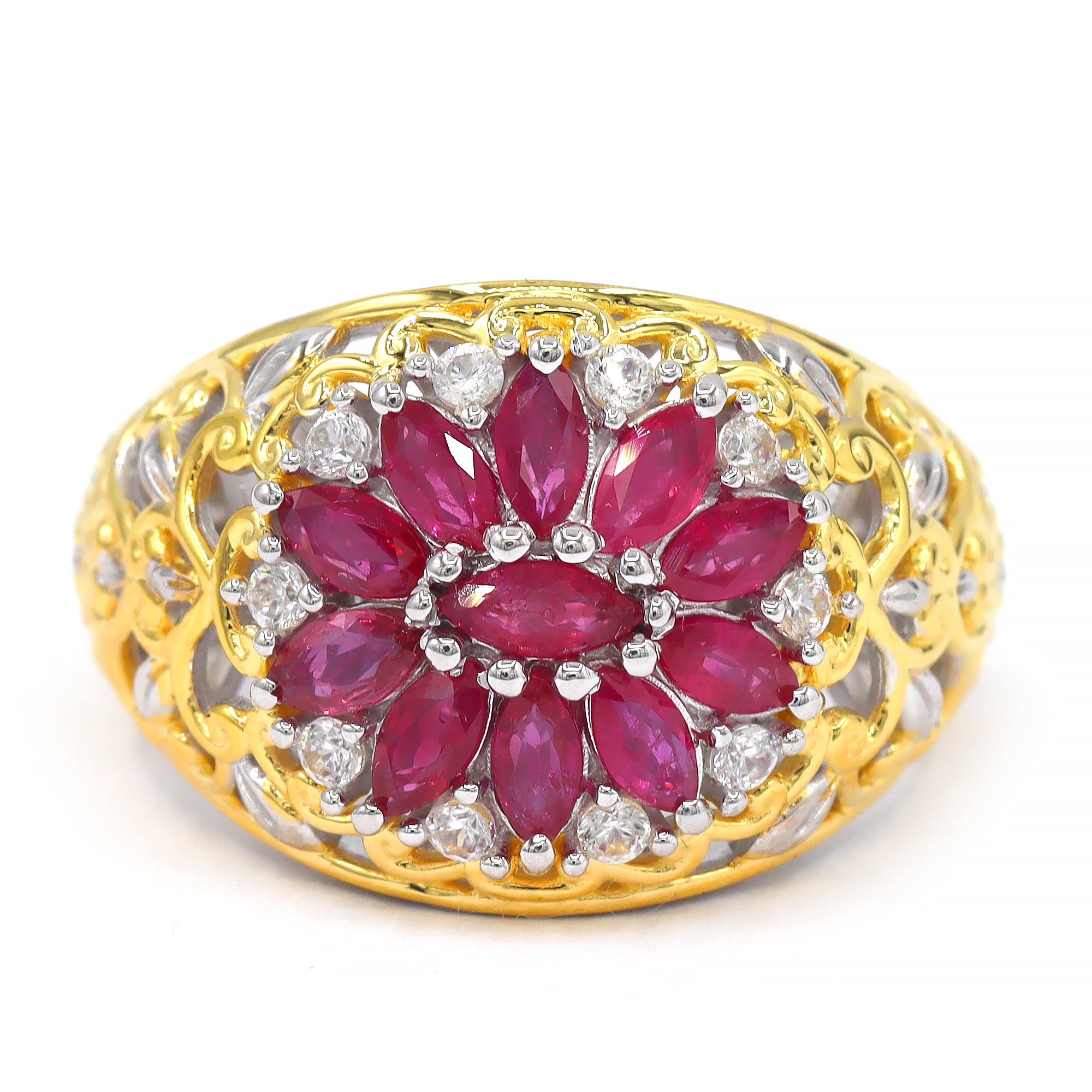 Gems en Vogue 24K Palladium Silver 2.49ctw Ruby & White Zircon Flower Ring