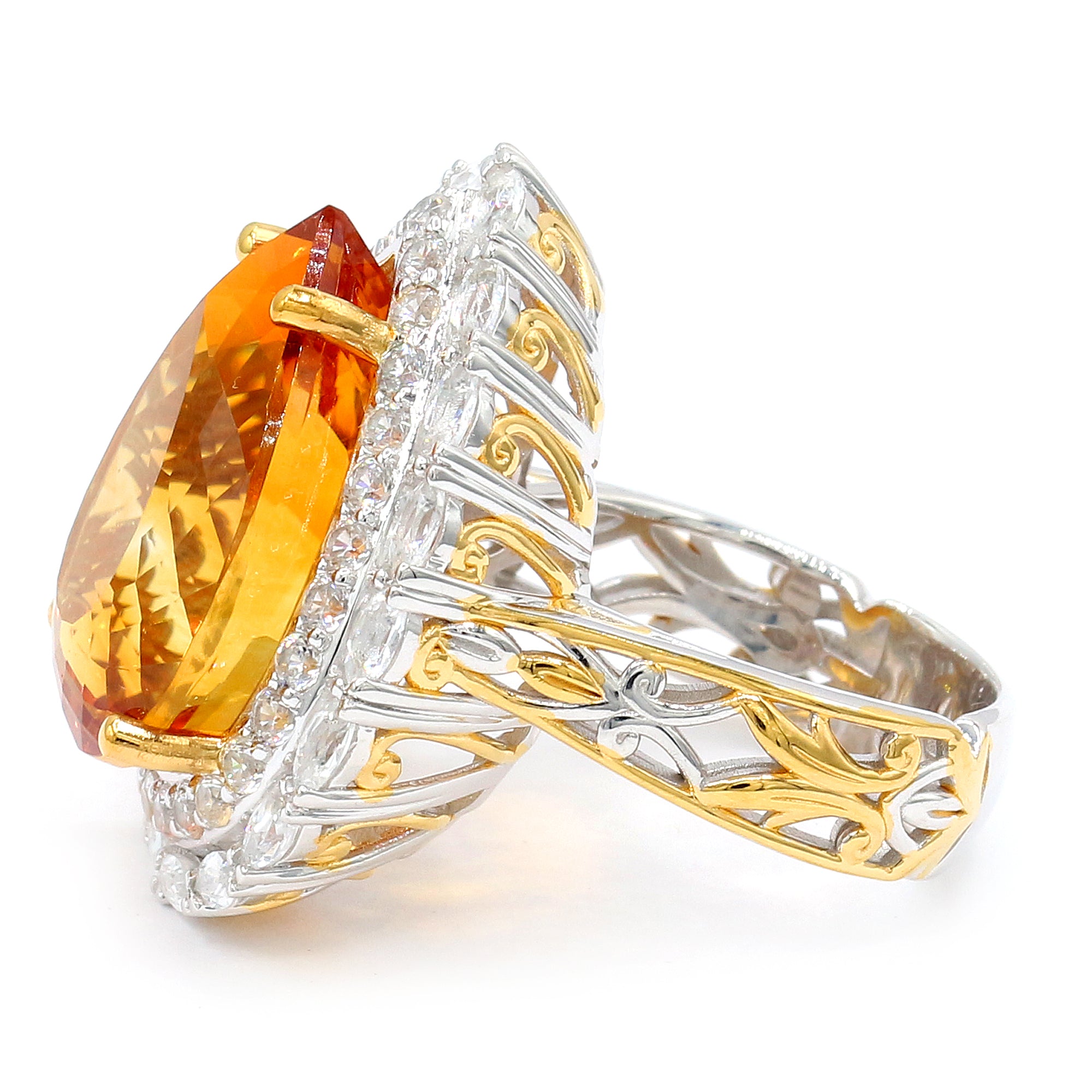 Couture Gems One-of-a-Kind 24K Palladium Silver 22.35ctw Fire Citrine & White Zircon Double Halo Honker Ring