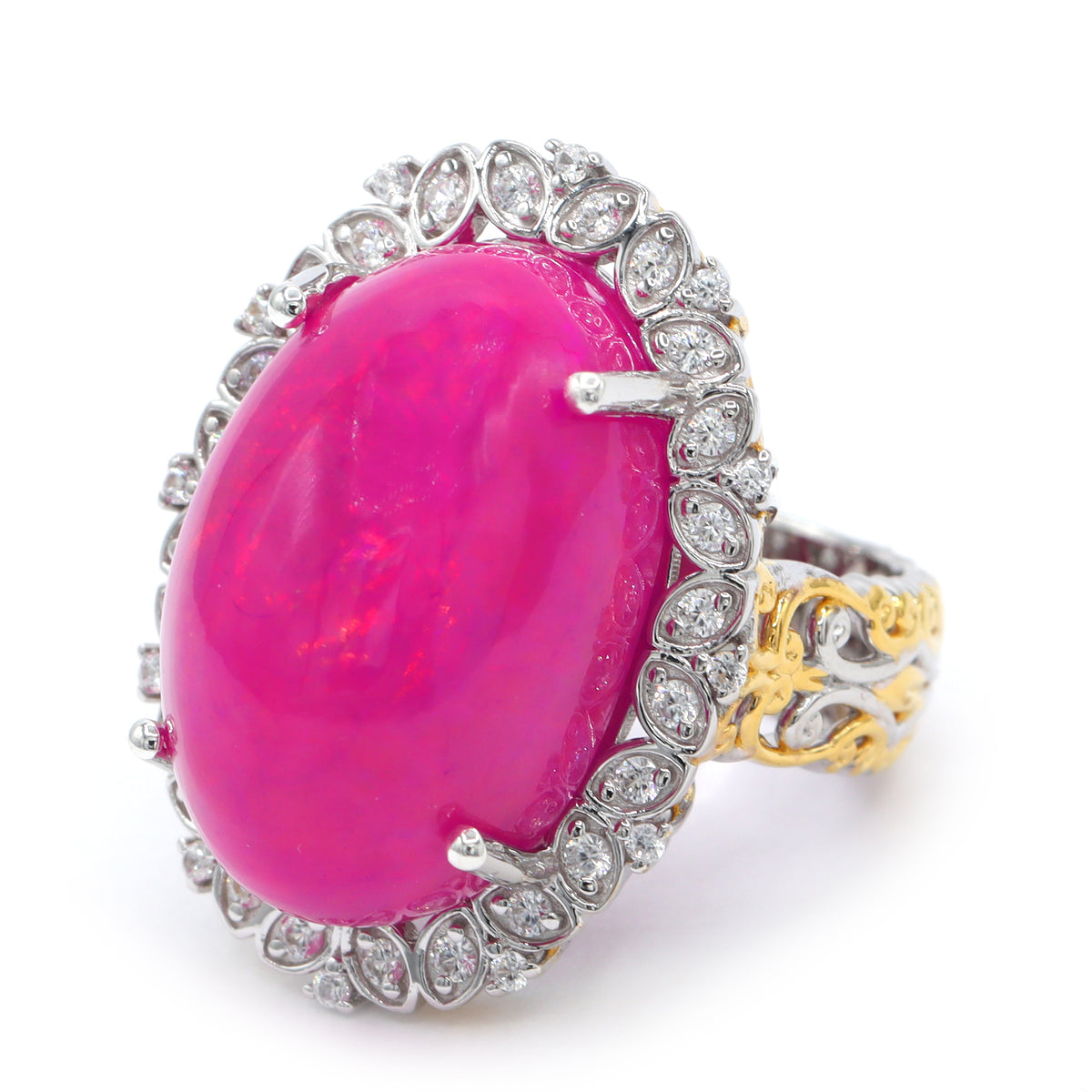 Couture Gems One-of-a-Kind 24K Palladium Silver 17.33ctw Fuchsia Pink Ethiopian Opal & White Zircon Halo Ring