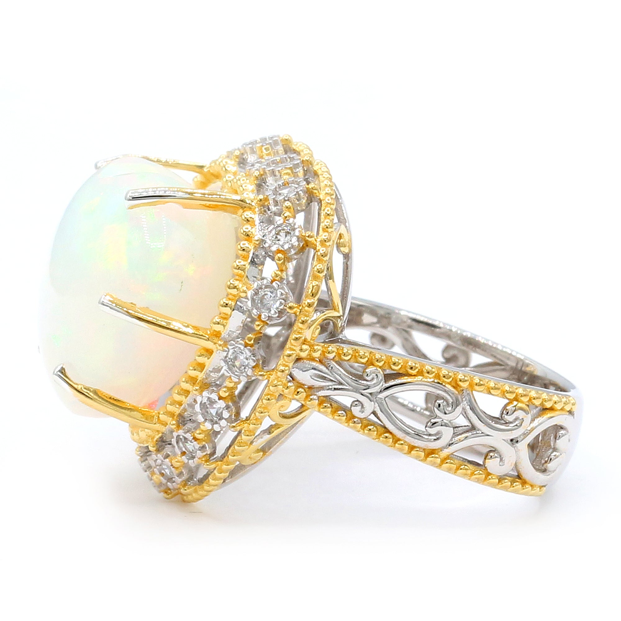 Couture Gems One-of-a-Kind 24K Palladium Silver 13.96ctw Heart Shape White Ethiopian Opal & White Zircon Ring