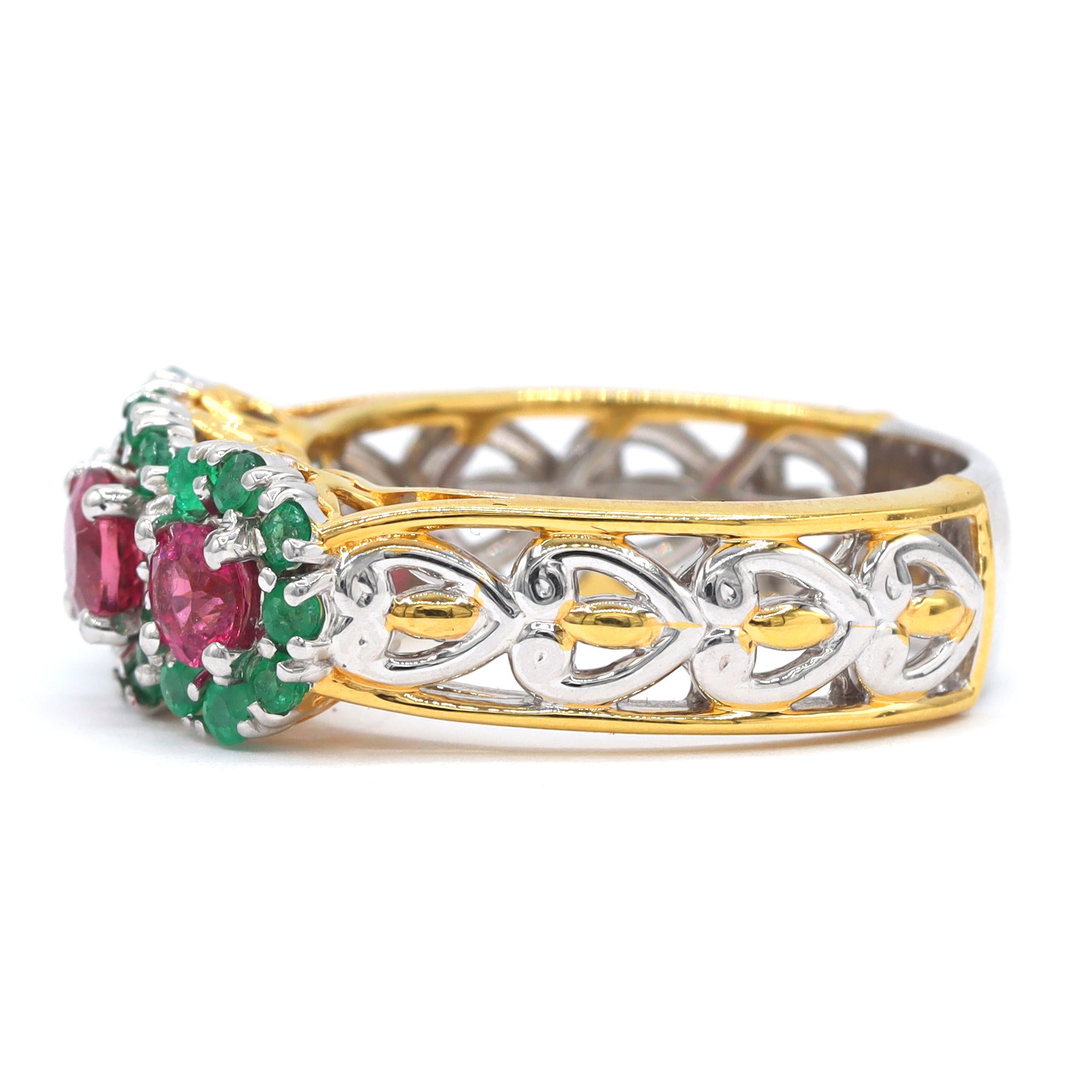 Gems en Vogue One-of-a-Kind 24K Palladium Silver 1.95ctw Rubellite & Grizzly Emerald Three Stone Halo Ring