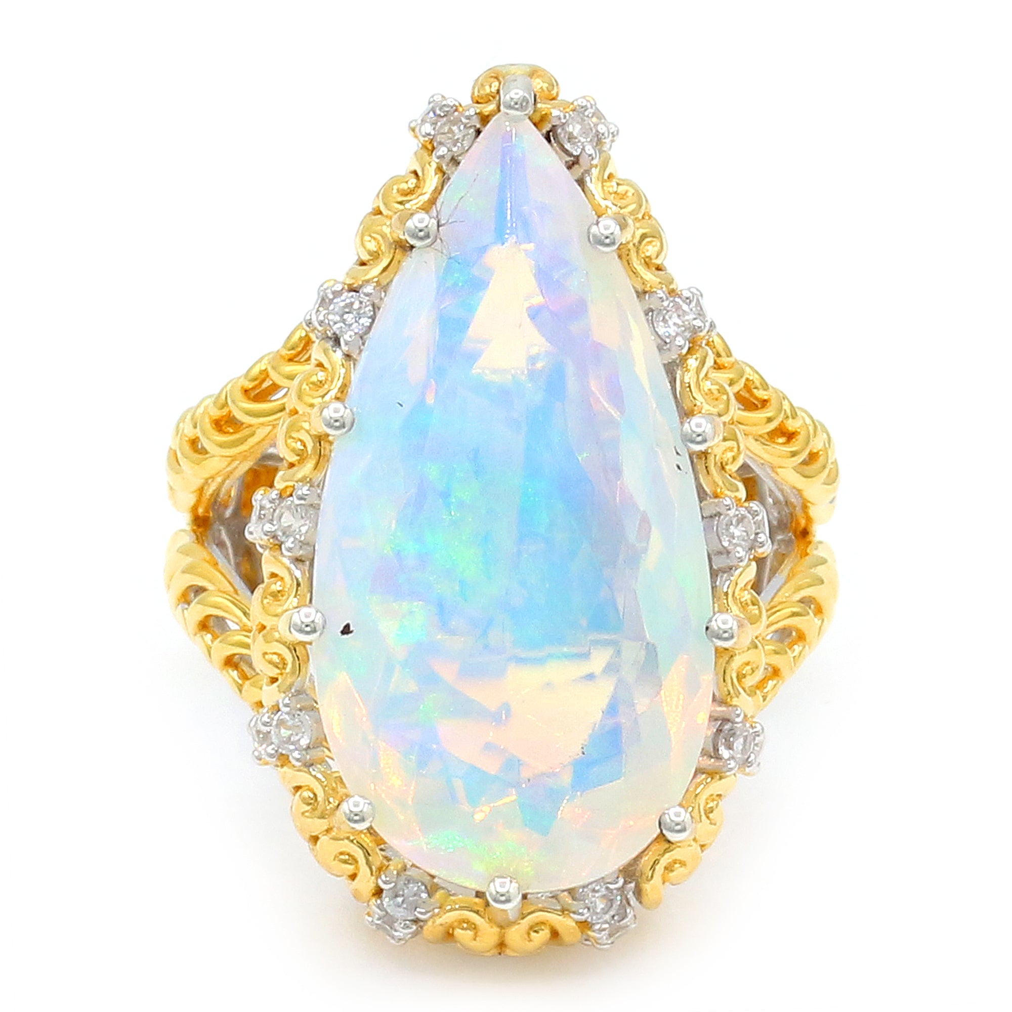 Couture Gems One-of-a-Kind 24K Palladium Silver 12.87ctw Faceted White Ethiopian Opal & White Zircon Ring