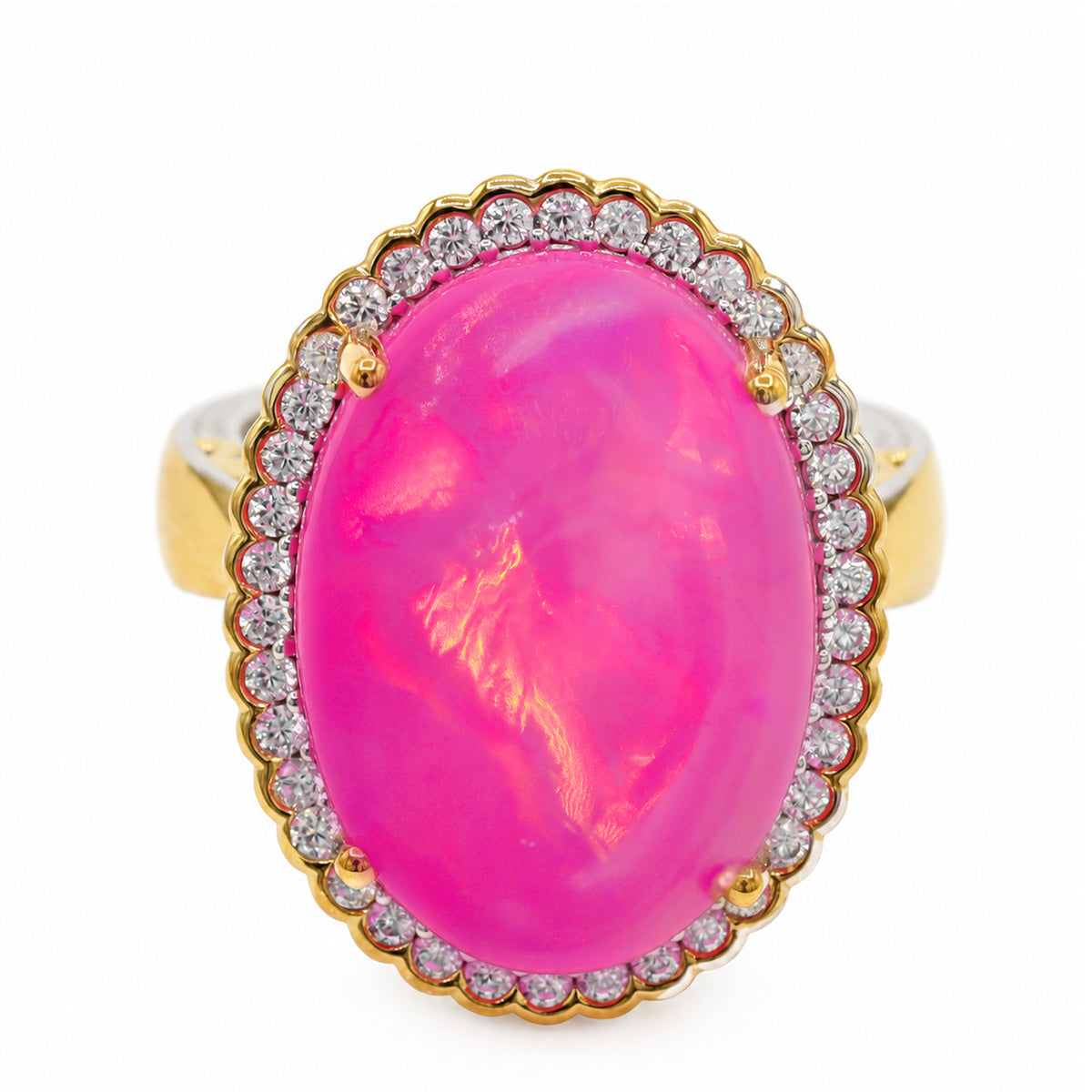 Couture Gems One-of-a-Kind 24K Palladium Silver 15.61ctw Fuchsia Pink Ethiopian Opal & White Zircon Halo Ring