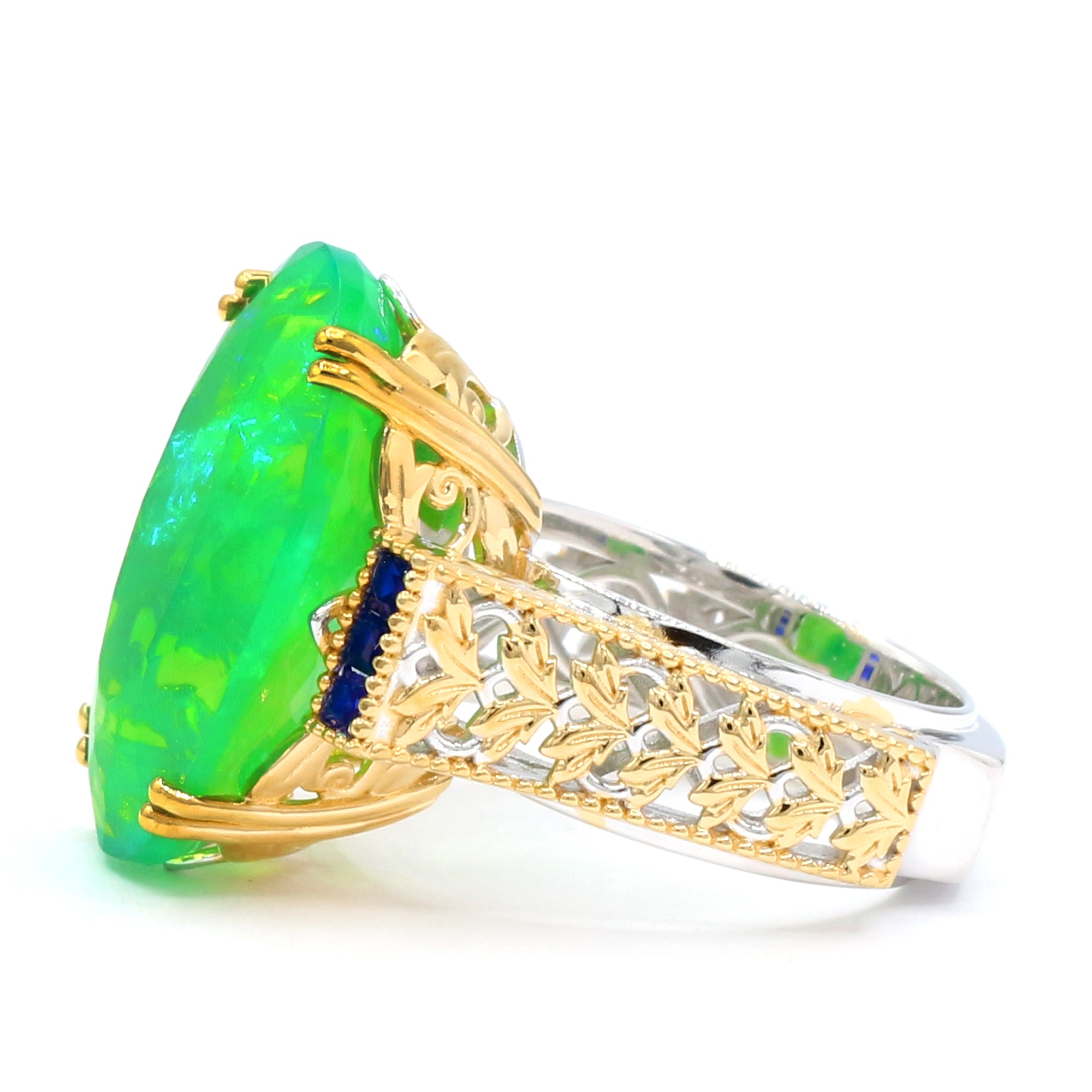 Couture Gems One-of-a-Kind 24K Palladium Silver 11.42ctw Emerald Green Ethiopian Opal & Cobalt Blue Spinel Ring