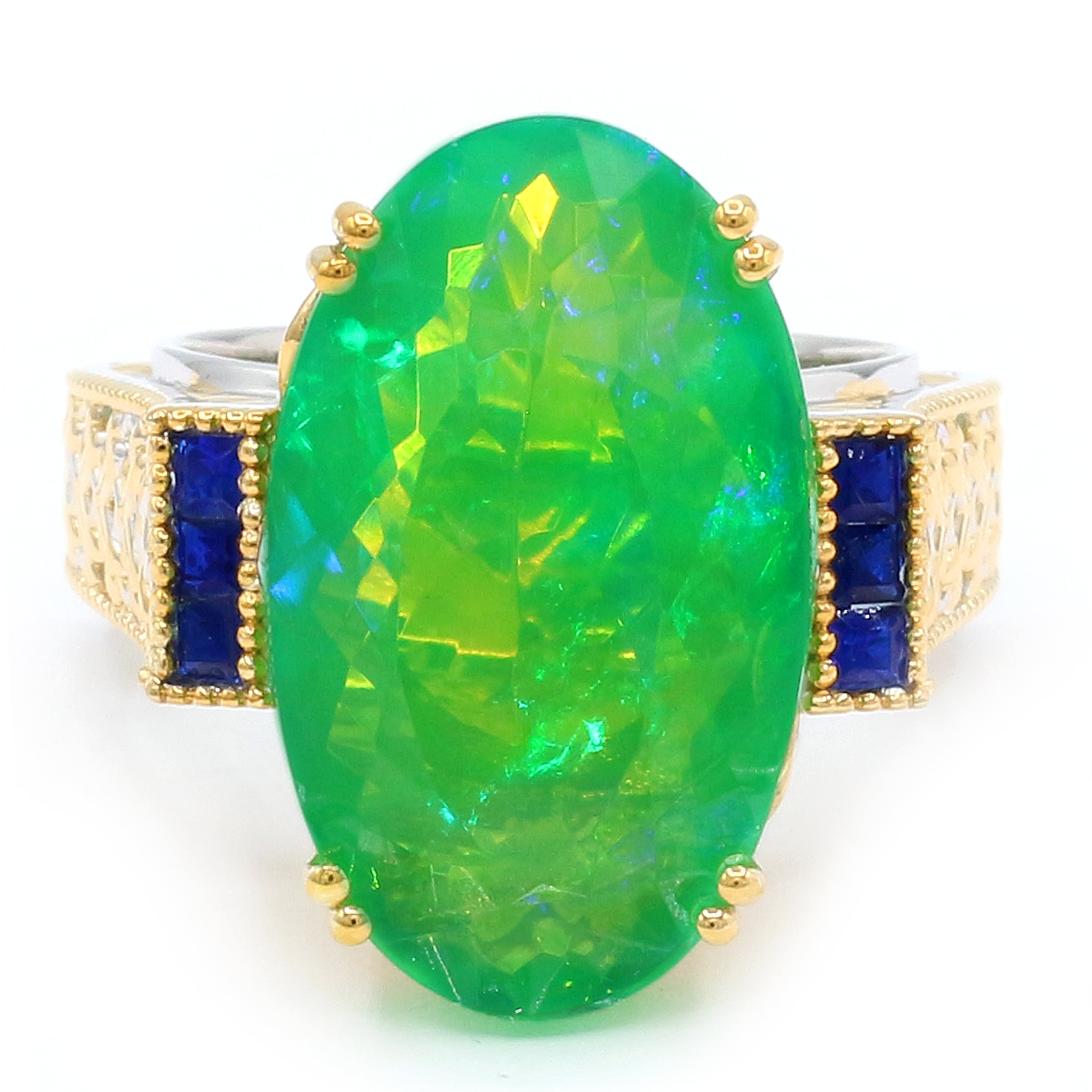 Couture Gems One-of-a-Kind 24K Palladium Silver 11.42ctw Emerald Green Ethiopian Opal & Cobalt Blue Spinel Ring