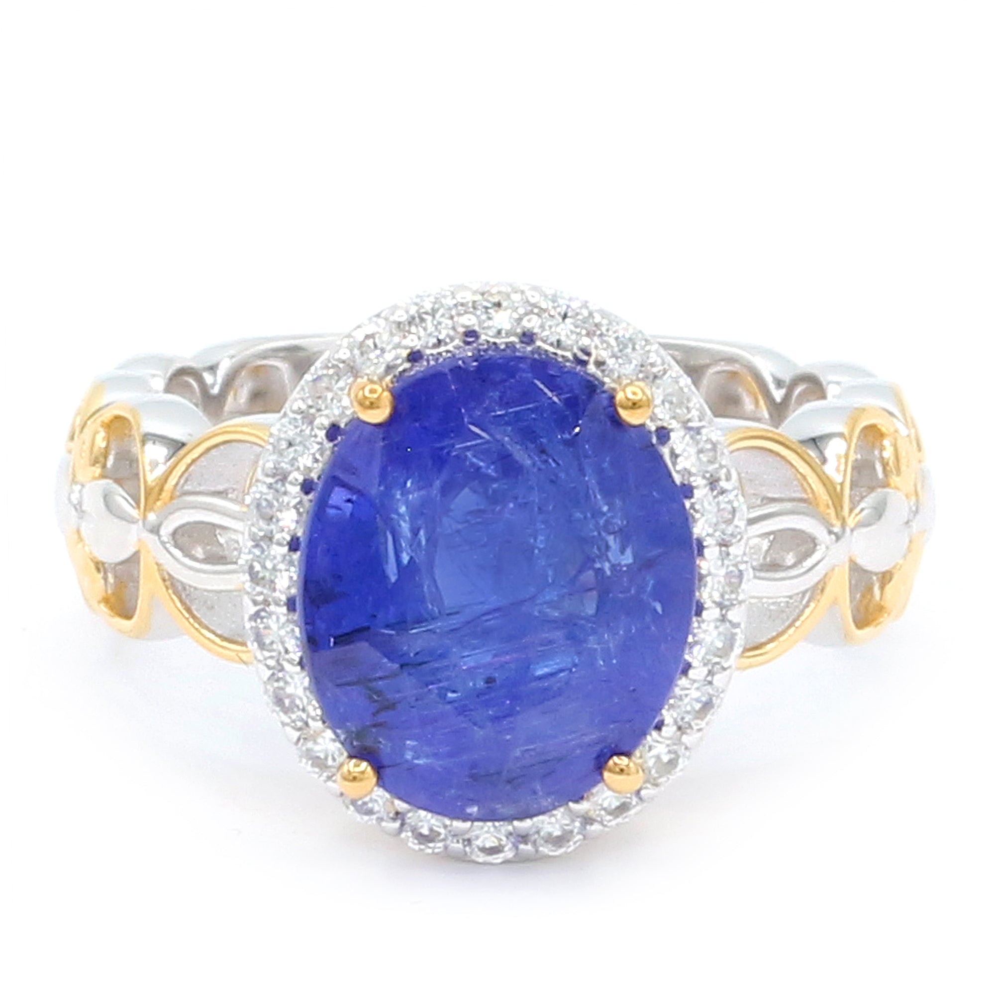 Bague auréole en tanzanite et zircon blanc 1,77 carat en argent palladié 24 carats Gems en Vogue