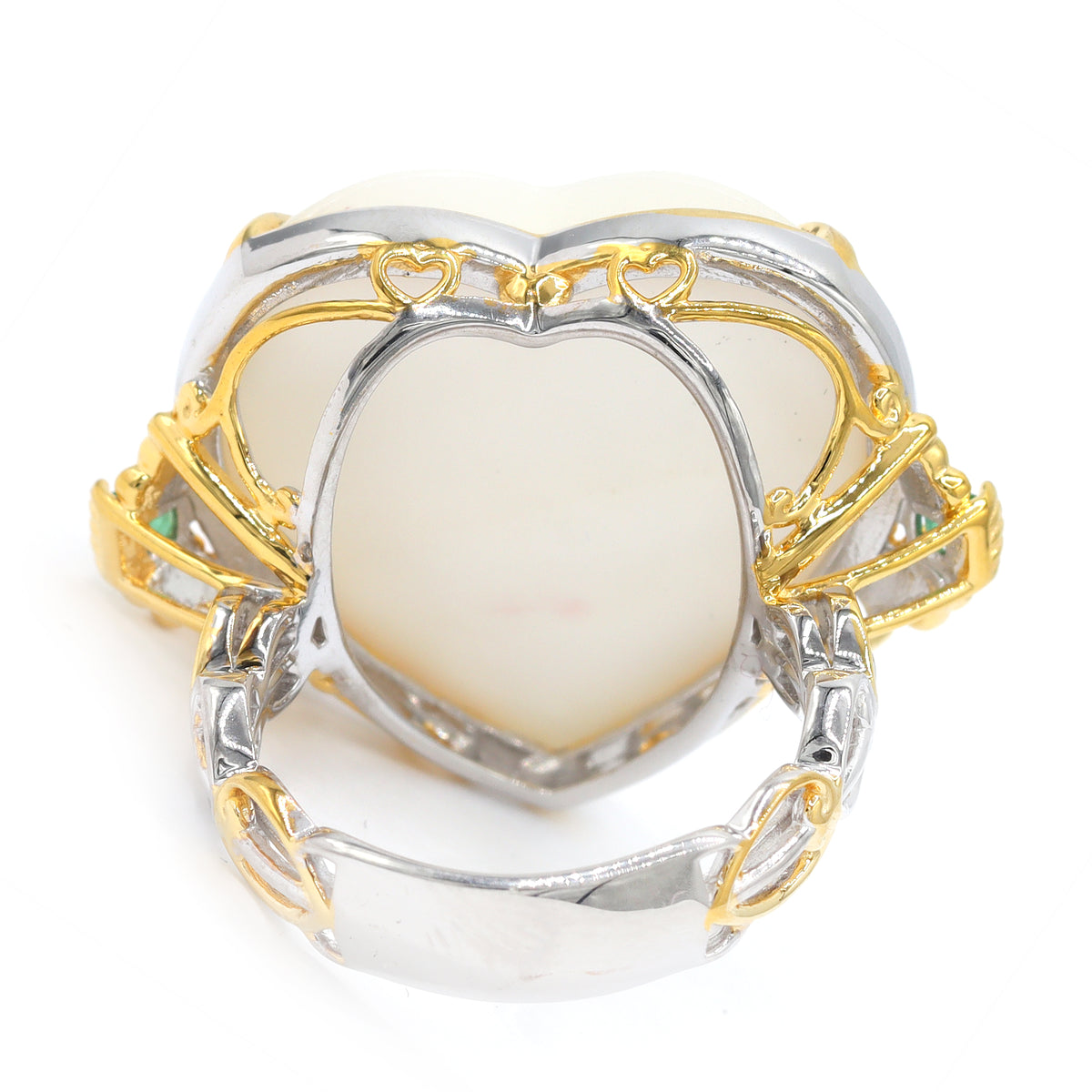 Gems en Vogue 24K Palladium Silver White Mabe Pearl & Grizzly Emerald Heart Ring