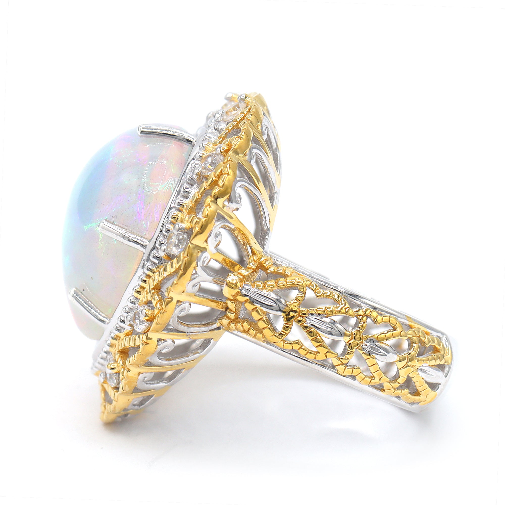 Couture Gems One-of-a-Kind 24K Palladium Silver 12.49ctw Heart Shape White Ethiopian Opal & White Zircon Ring