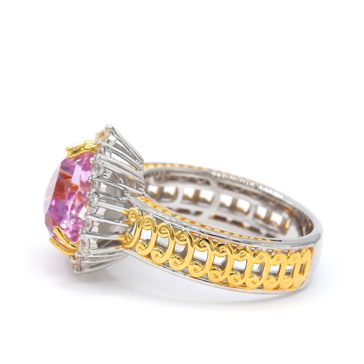 Gems en Vogue One-of-a-Kind 24K Palladium Silver 5.61ctw Almond Shape Pink Kunzite & White Zircon Halo Ring