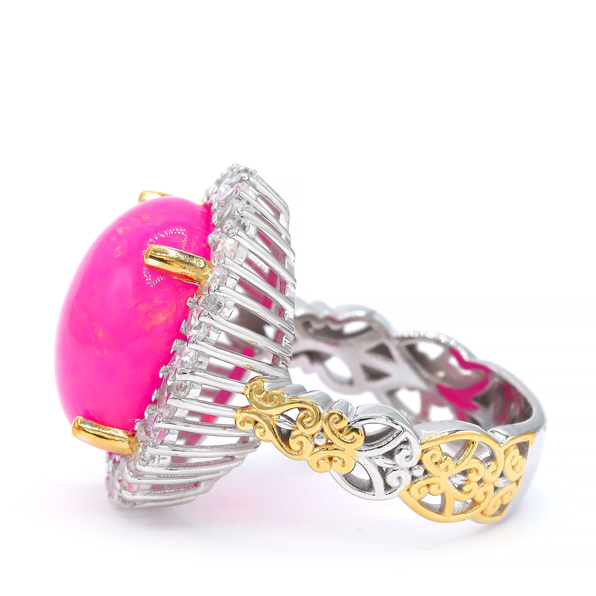 Couture Gems One-of-a-Kind 24K Palladium Silver 11.67ctw Fuchsia Pink Ethiopian Opal & White Zircon Halo Ring