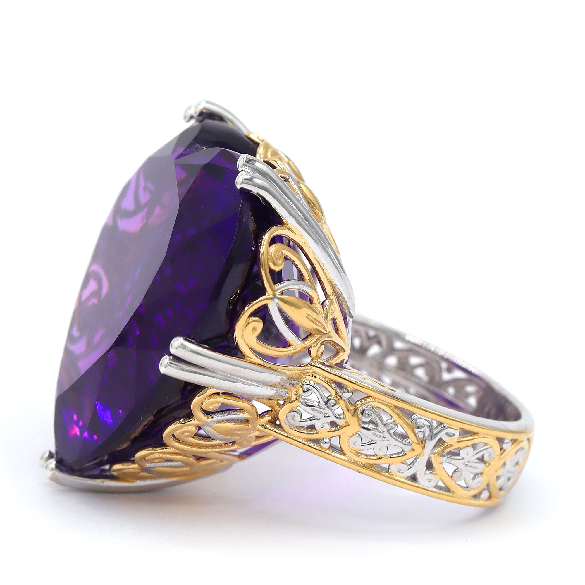 Couture Gems One-of-a-Kind 24K Palladium Silver 57.16ctw Heart Shape Tanzanian Amethyst Honker Ring