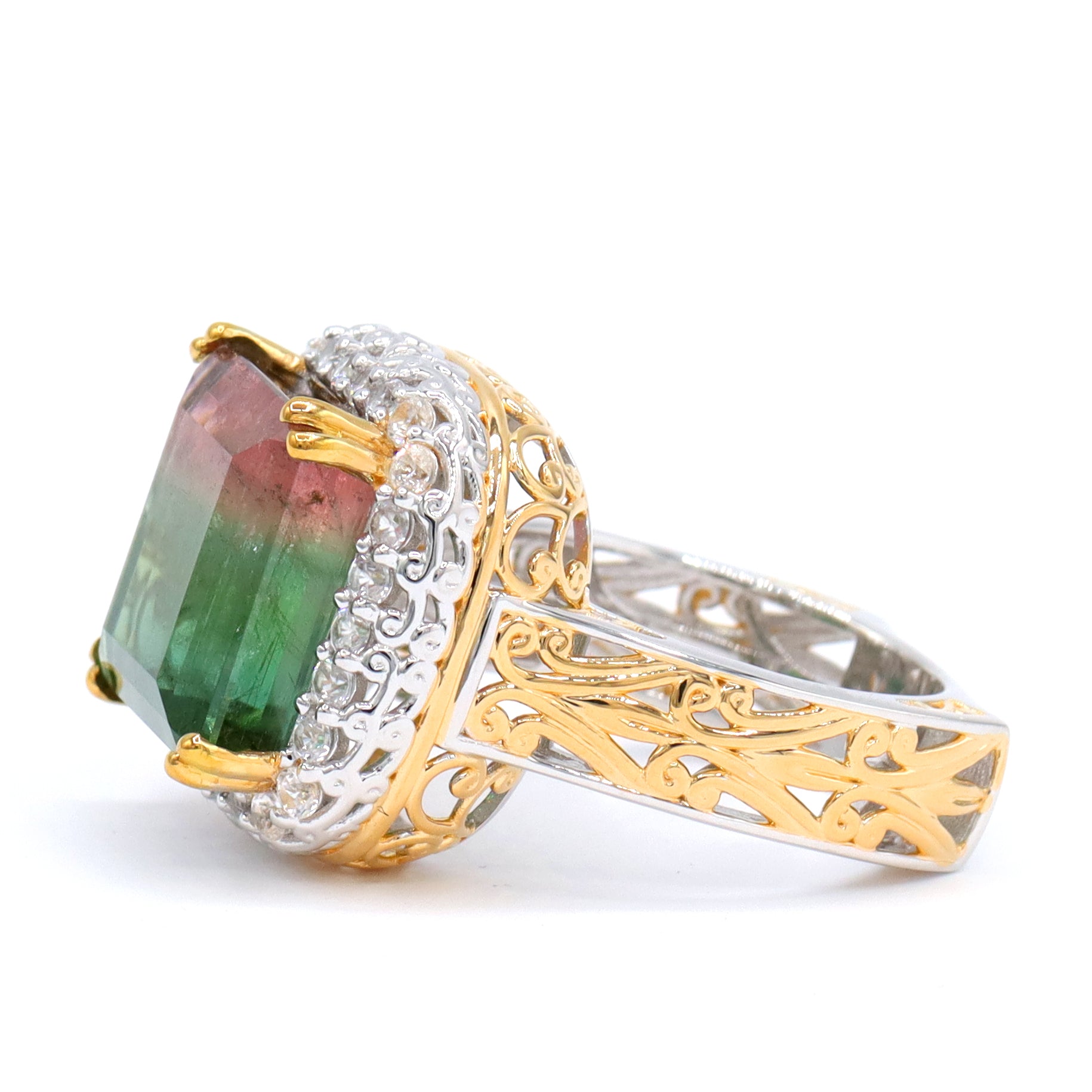Couture Gems One-of-a-Kind 24K Palladium Silver 16.33ctw Bi-Color Tourmaline & White Zircon Halo Ring