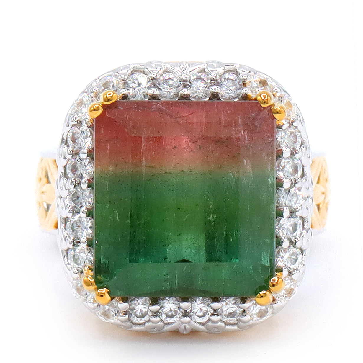 Couture Gems One-of-a-Kind 24K Palladium Silver 16.33ctw Bi-Color Tourmaline & White Zircon Halo Ring