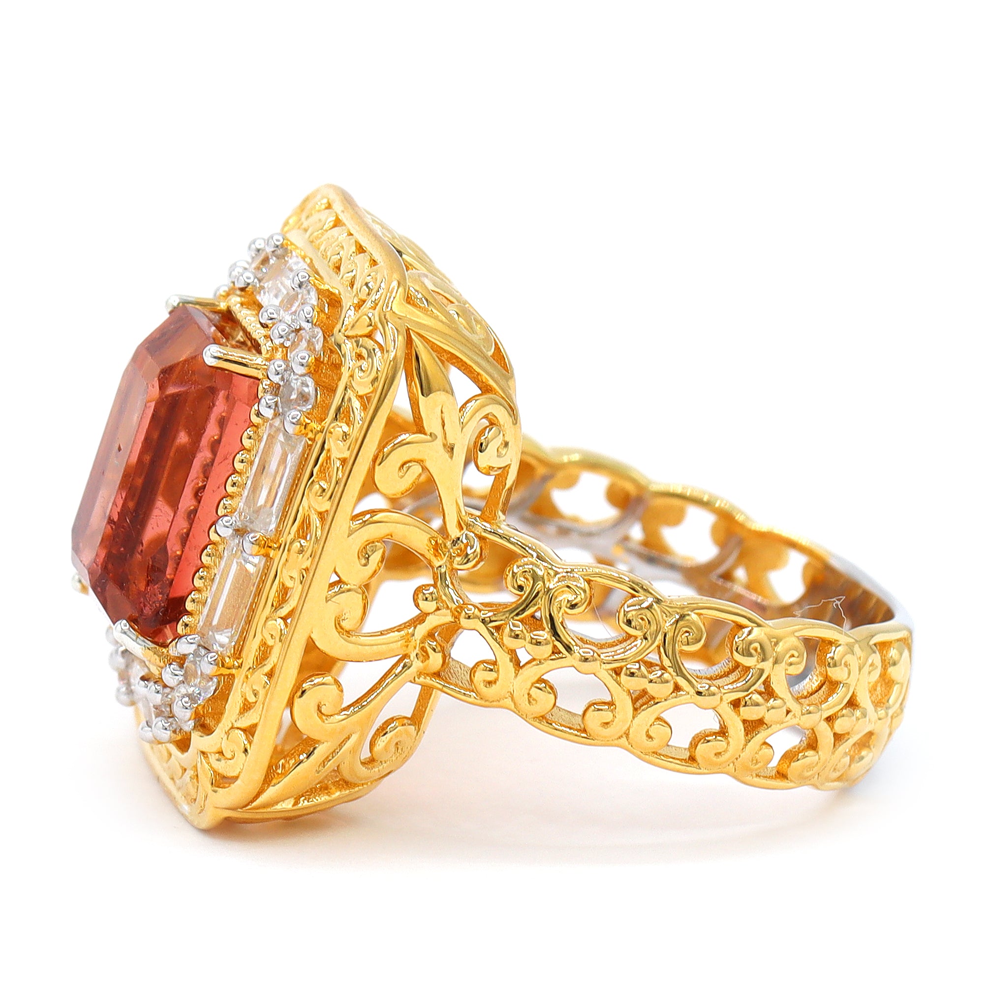 Couture Gems One-of-a-Kind 24K Palladium Silver 7.23ctw Salmon Tourmaline & White Zircon Halo Ring