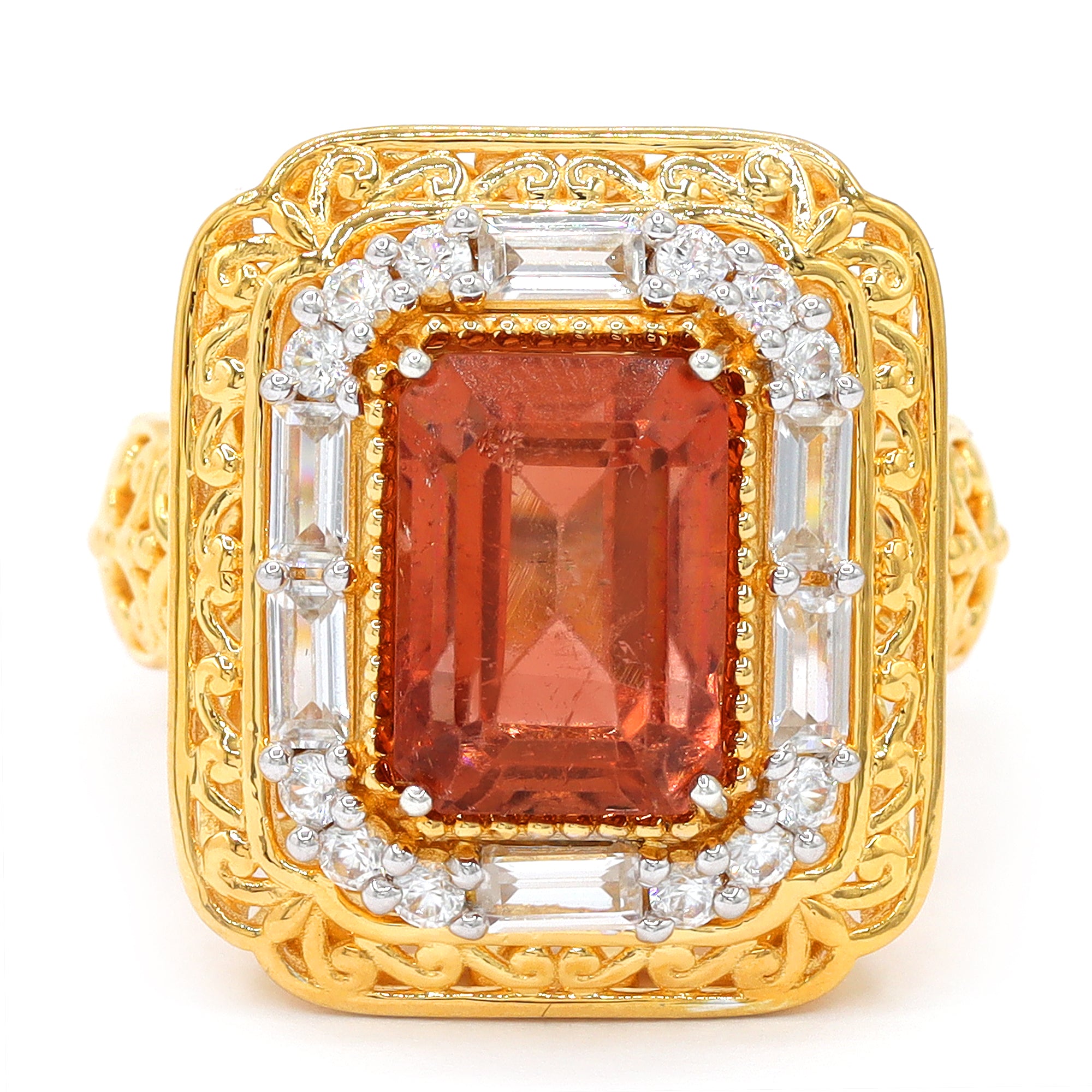 Couture Gems One-of-a-Kind 24K Palladium Silver 7.23ctw Salmon Tourmaline & White Zircon Halo Ring