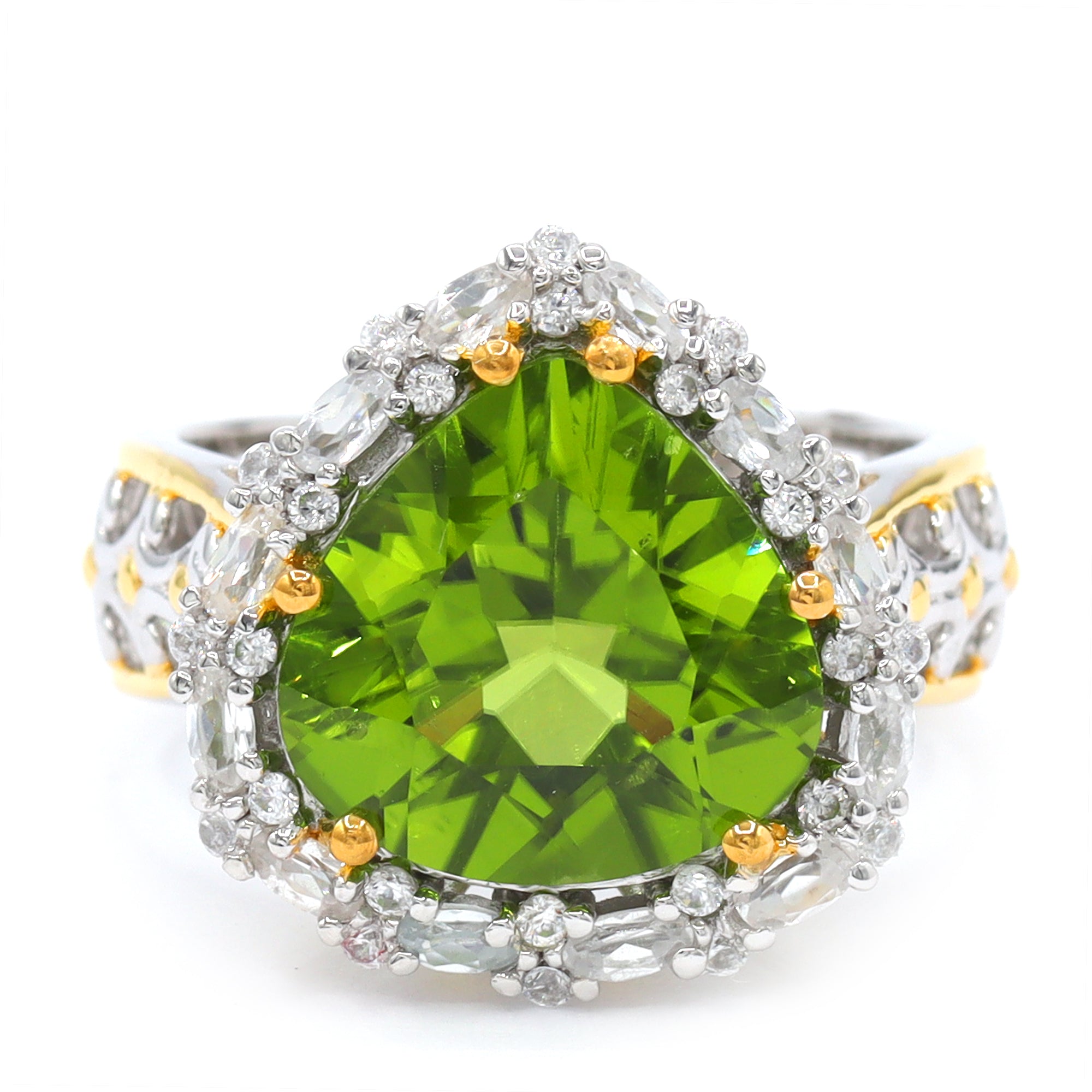 Couture Gems One-of-a-Kind 24K Palladium Silver 8.36ctw Almond Shape Peridot & White Zircon Halo Ring