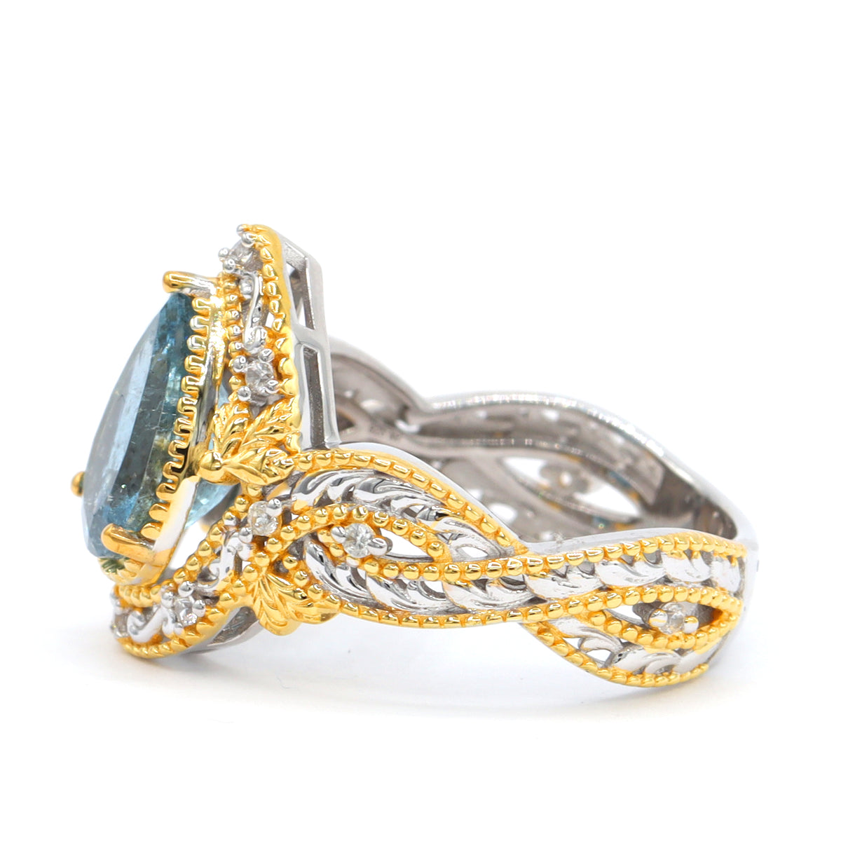 Bague à halo en aigue-marine de Tanzanie et zircon blanc 4,06 carats en argent et palladium 24K, pièce unique Couture Gems