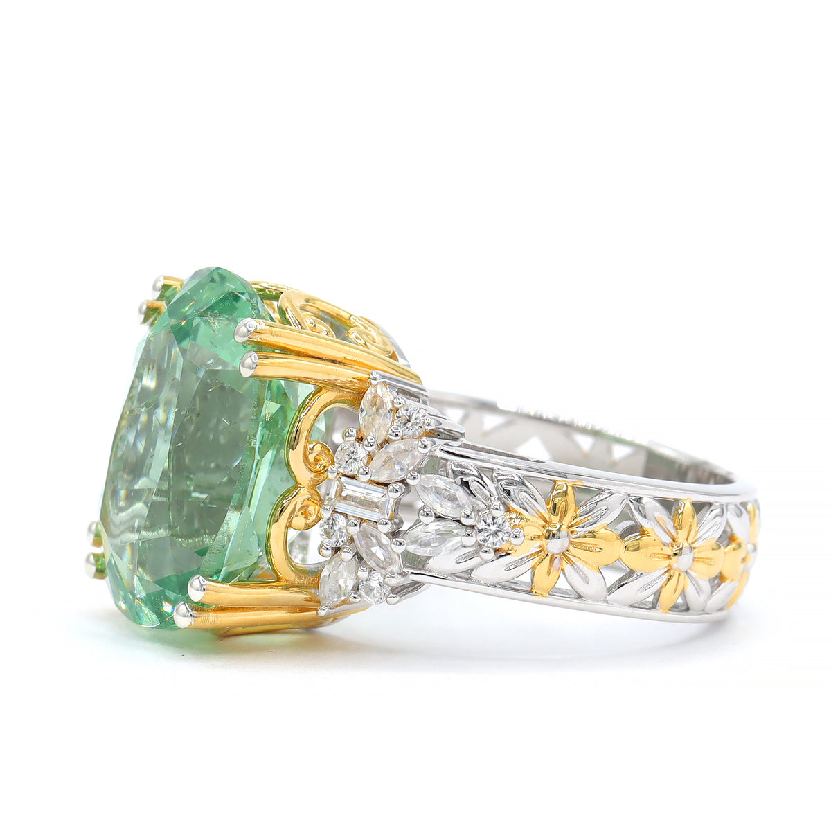 Couture Gems One-of-a-Kind 24K Palladium Silver 13.59ctw Apple Green Apatite & White Zircon Ring